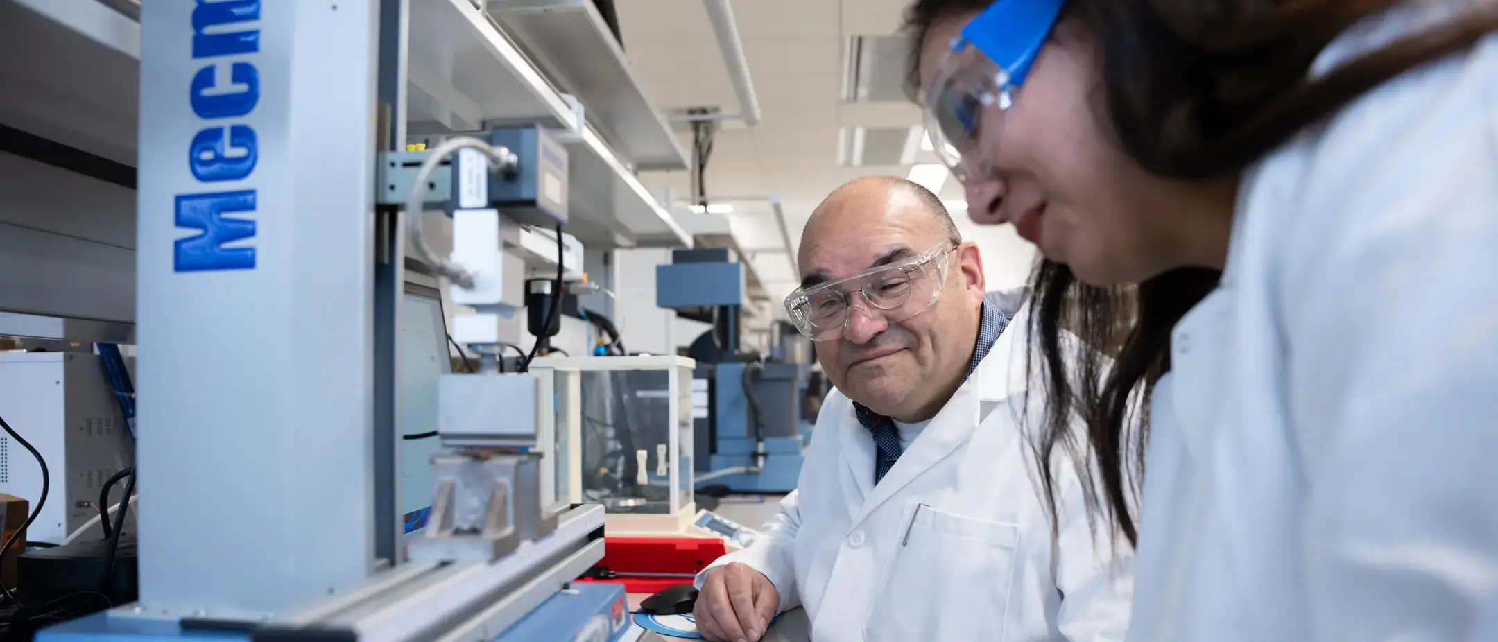 Distinguished Professor of Forest and Sustainable Products Armando McDonald and graduate student Japneet Kukal are testing the chemical and mechanical properties of the resin and wood mixture for the 3d Printed Construction project.