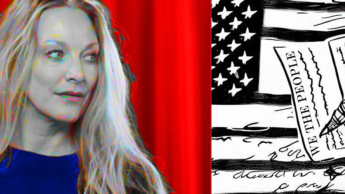 A pixelated Professor Kelly Quinnett imposed over a red curtain, in front of a black and white rendition of the U.S. Constitution.