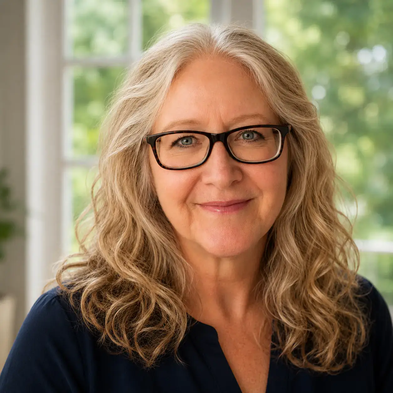 A person with long, wavy blonde hair and glasses, smiling warmly, sitting in a well-lit interior with a window and greenery in the background.