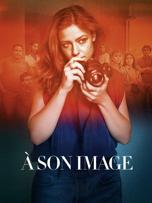 Film poster for “In His Own Image” featuring a woman holding a camera, with other figures in the background.