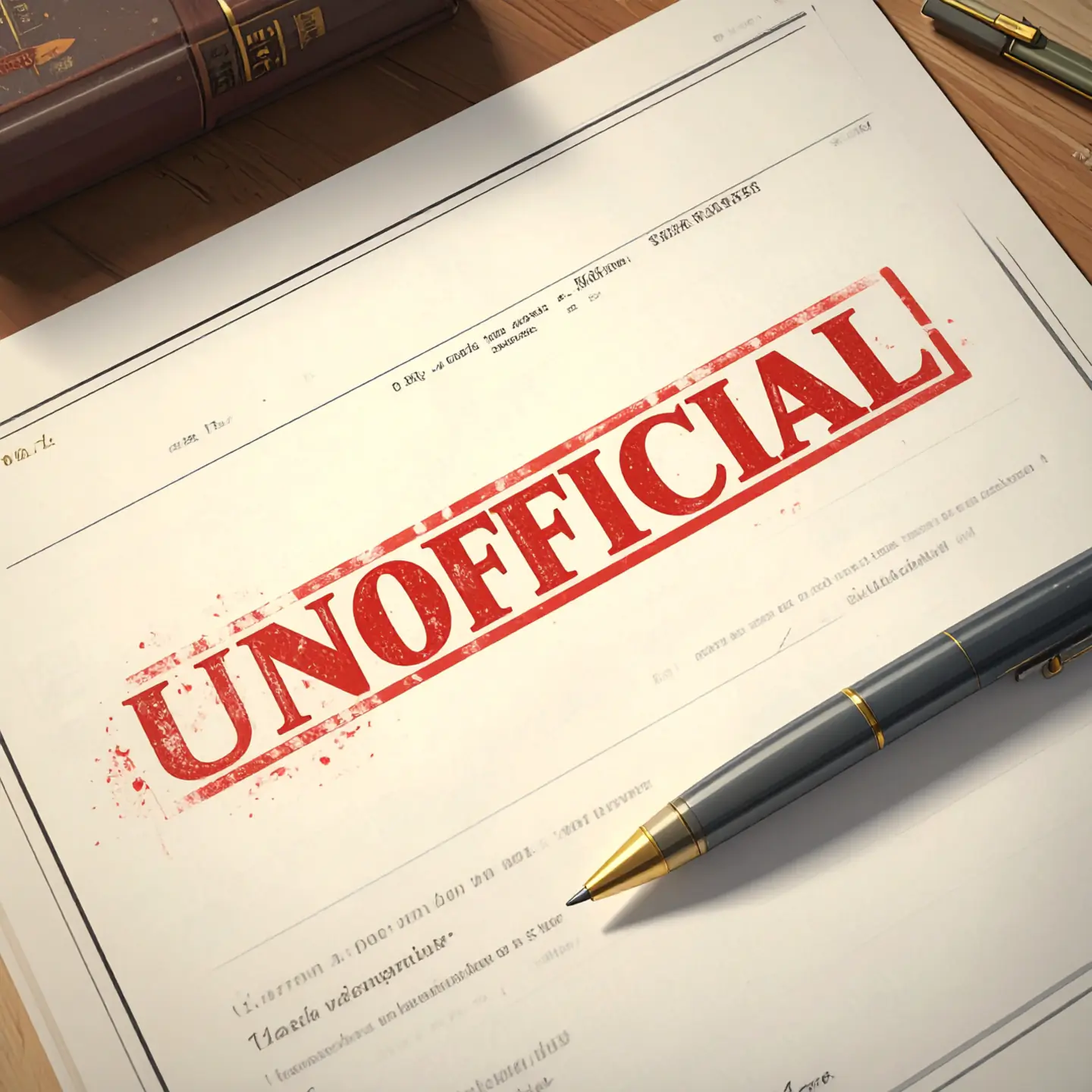 A document with the word "Unofficial" stamped in red on it and a pen resting on top.