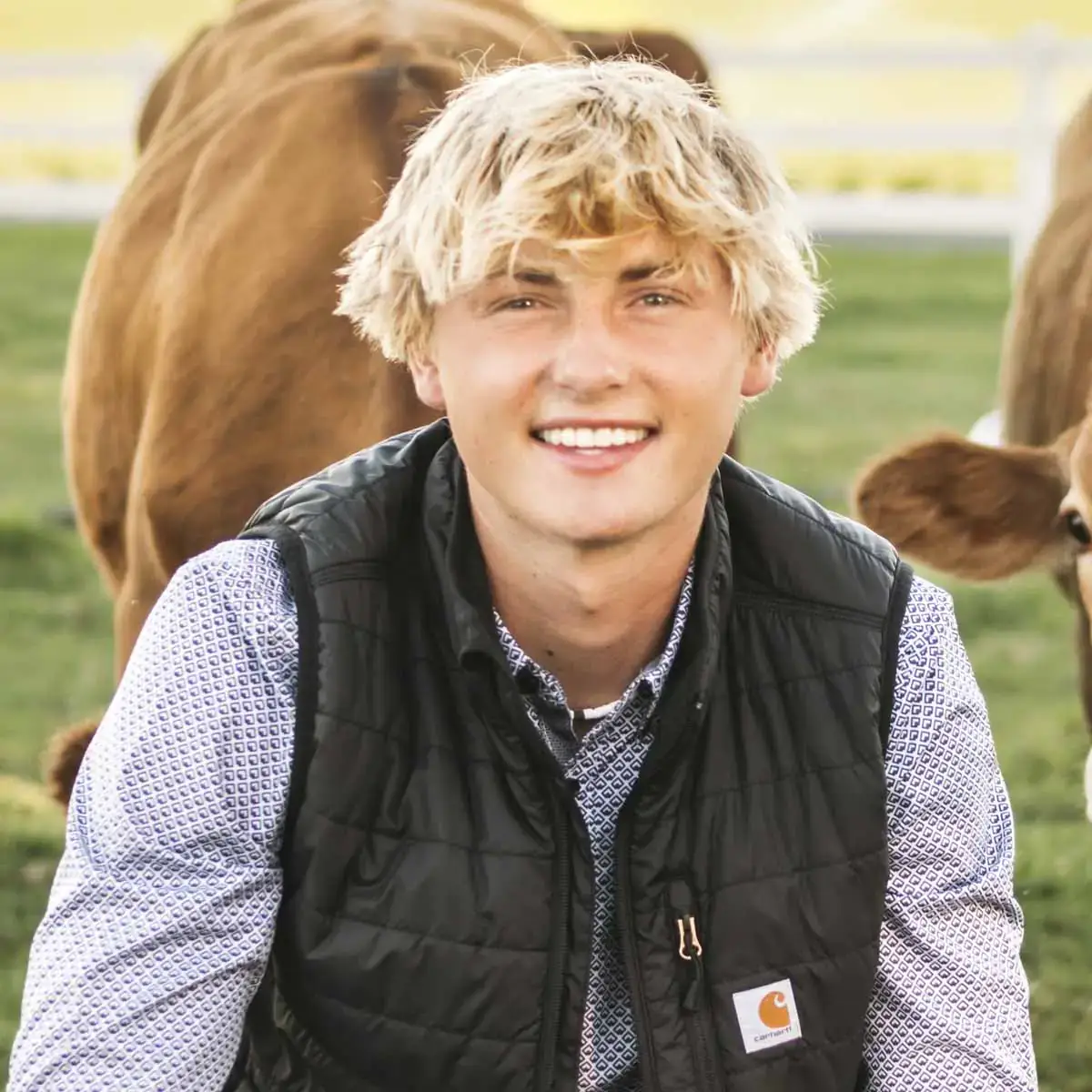 A person outdoors on a field with cows in the background, smiling and wearing a black vest over a patterned shirt.