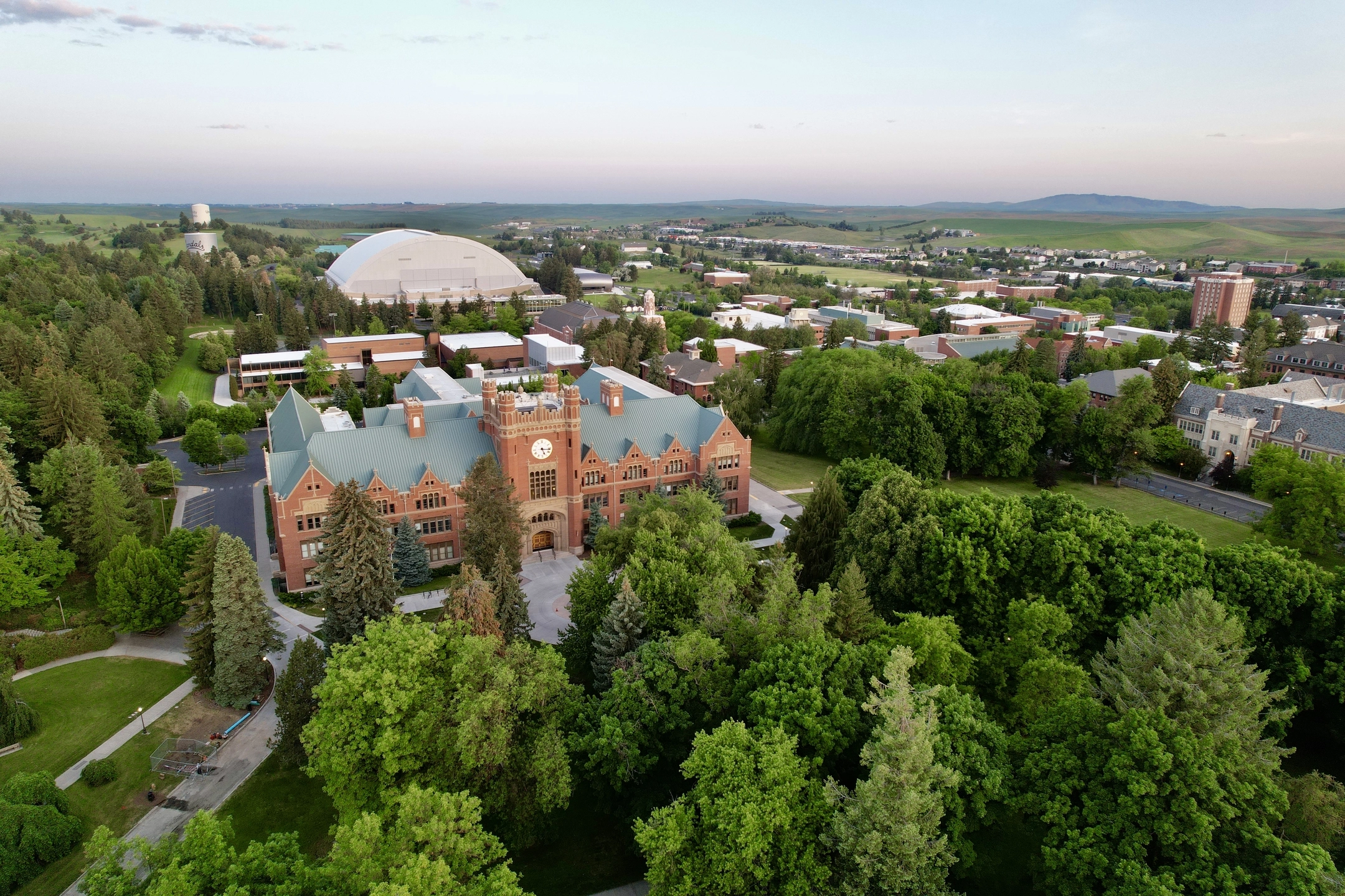 An aerial view of U of I Moscow campus, with the Administration Building, P1FCU Kibbie Dome and other buildings in view.