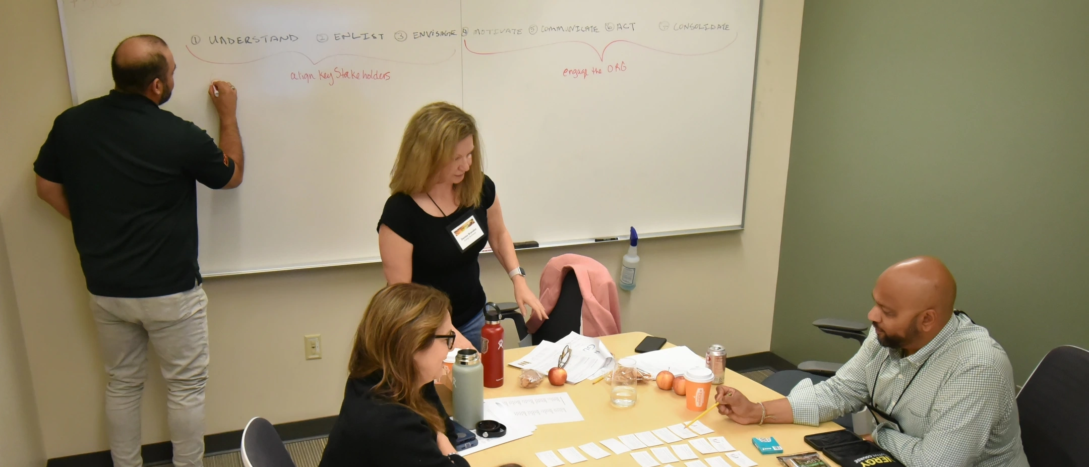 People gathered around a table with notecards laid out on it