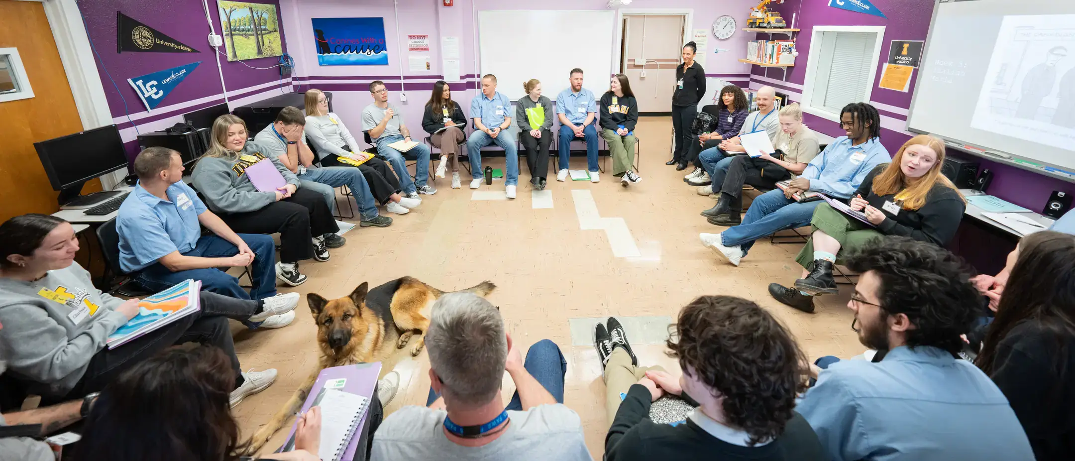 Incarcerated and Moscow-campus students discuss international crime at Idaho Correctional Institution-Orofino as part of the Inside Out class taught by Associate Professor Omi Hodwitz. Many of these students participate in the new Prison Education Initiative.
