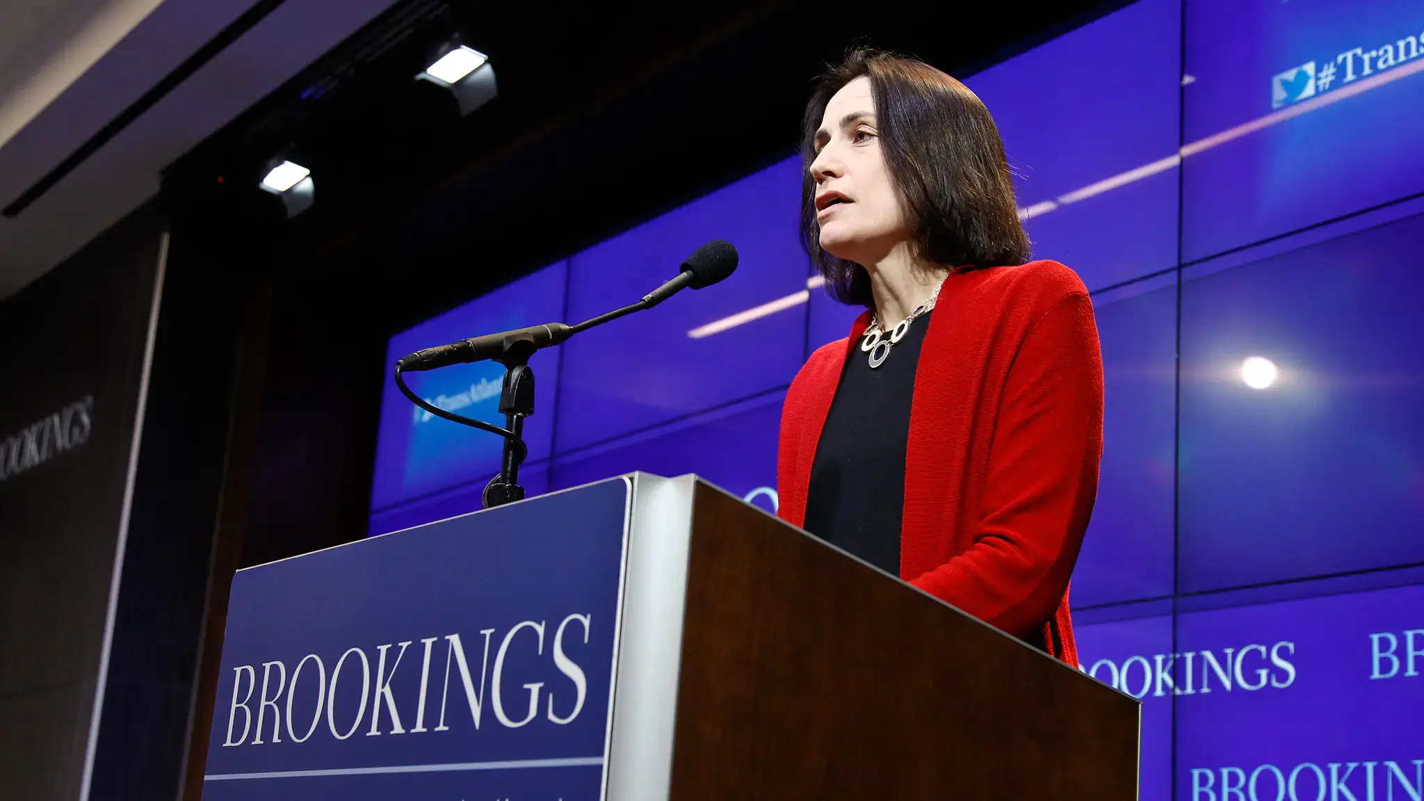 Fiona Hill speaker at the 2023 Borah Symposium stands at a podium