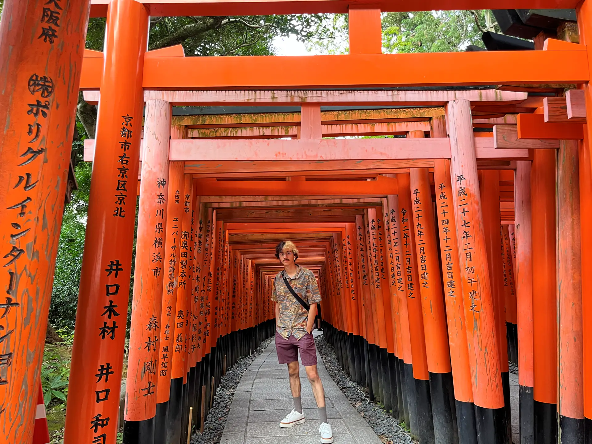 Man standing beneath red torii gates