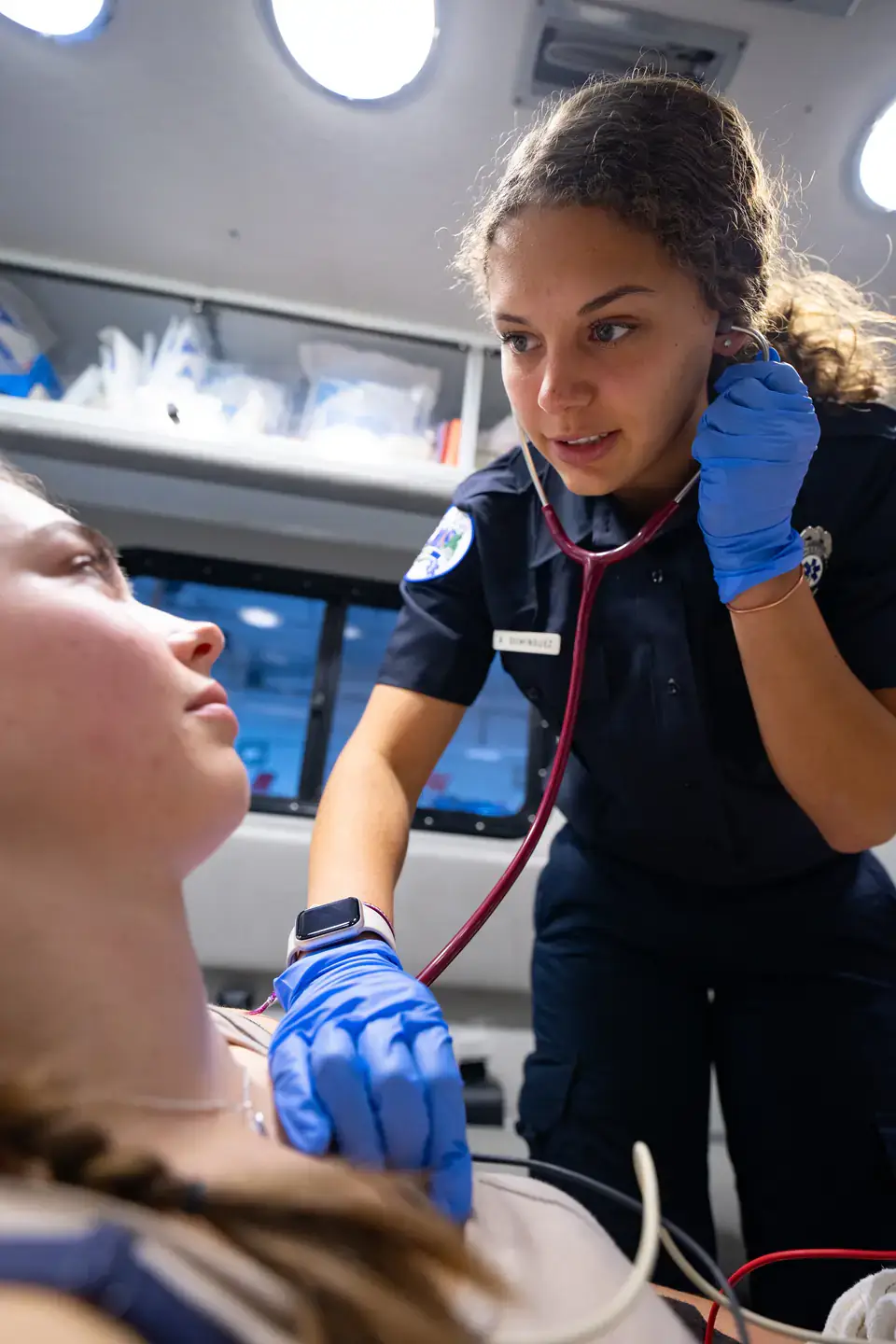 Medical Sciences B.S. student Angel Dominguez auscultating heart sounds using stethoscope while working with the Moscow Volunteer Fire Department as a EMT student volunteer.