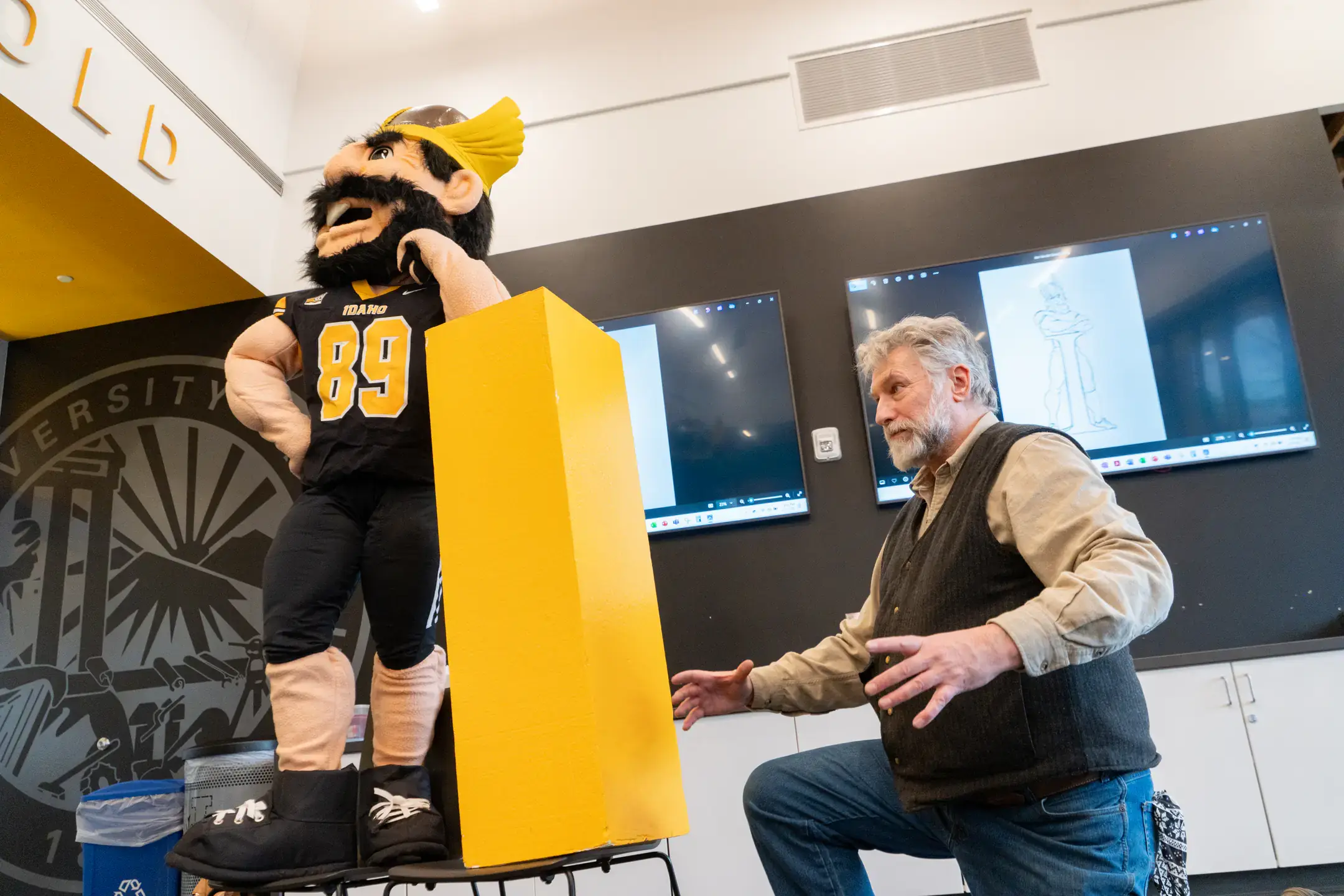 Montana-based artist Gareth Curtiss, who was selected to create a bronze Joe Vandal Monument sculpture, visits the University of Idaho campus in Moscow, ID February 3-7, 2025. Over four days, Curtiss sculpted a clay model, called a maquette in sculpting terms, of what will become the full-scale bronze monument. He also presented a lecture and hosted an open house for campus and community members to attend. The Joe Vandal monument was commissioned to recognize the Associated Students of University of Idaho’s (ASUI) enduring legacy of support for the P1FCU Kibbie Dome and many other vital campus resources. It will be located near the dome and the ICCU Idaho Arena.