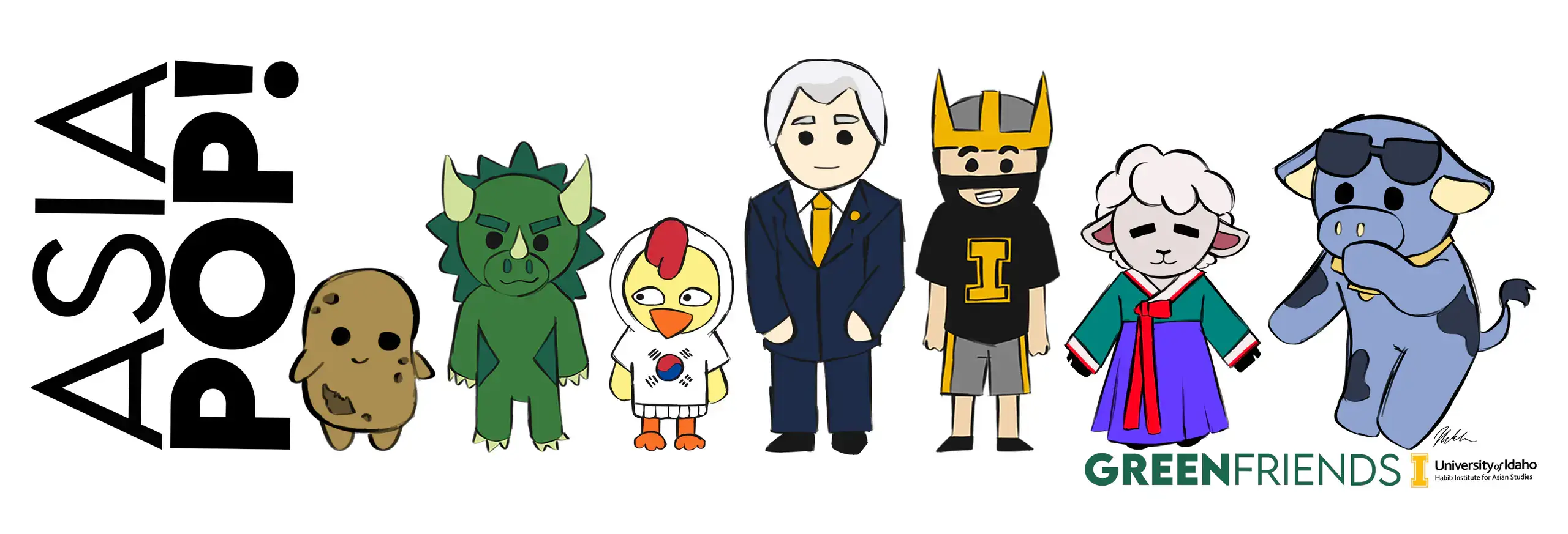 AsiaPOP with chibi drawing renditions of a potato, triceratops, chicken, Scott Green, Joe Vandal, a lamb and a cow