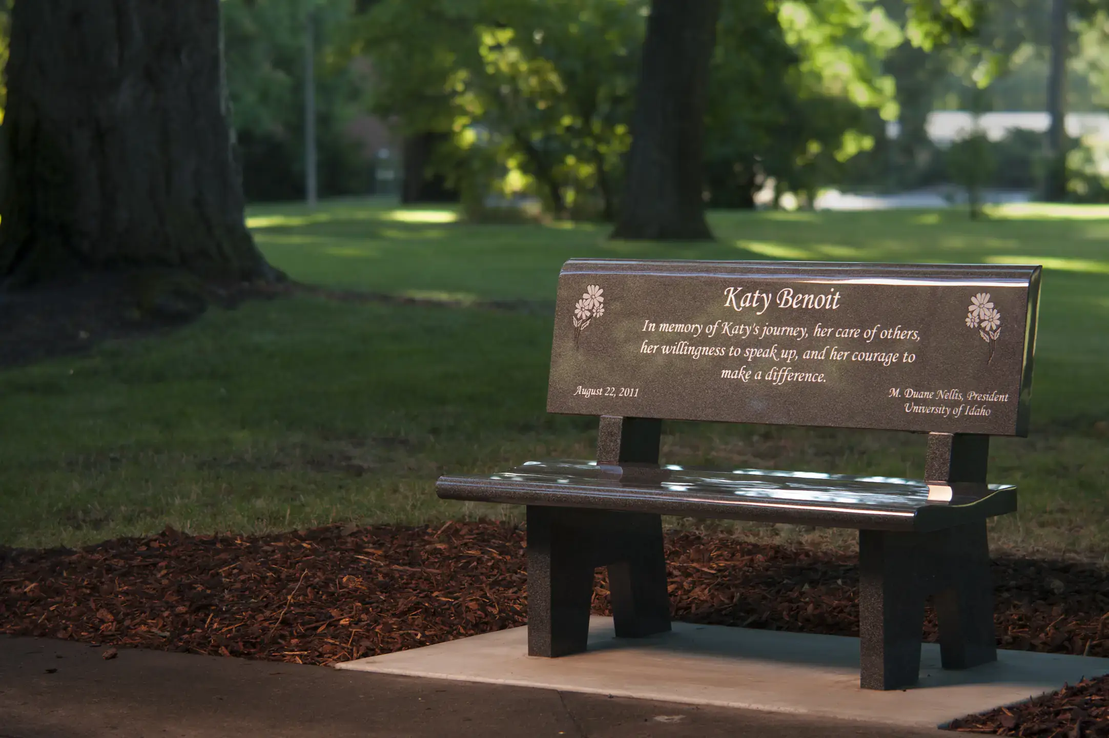 Memorial Bench for Katy Benoit on the Administration Building Lawn