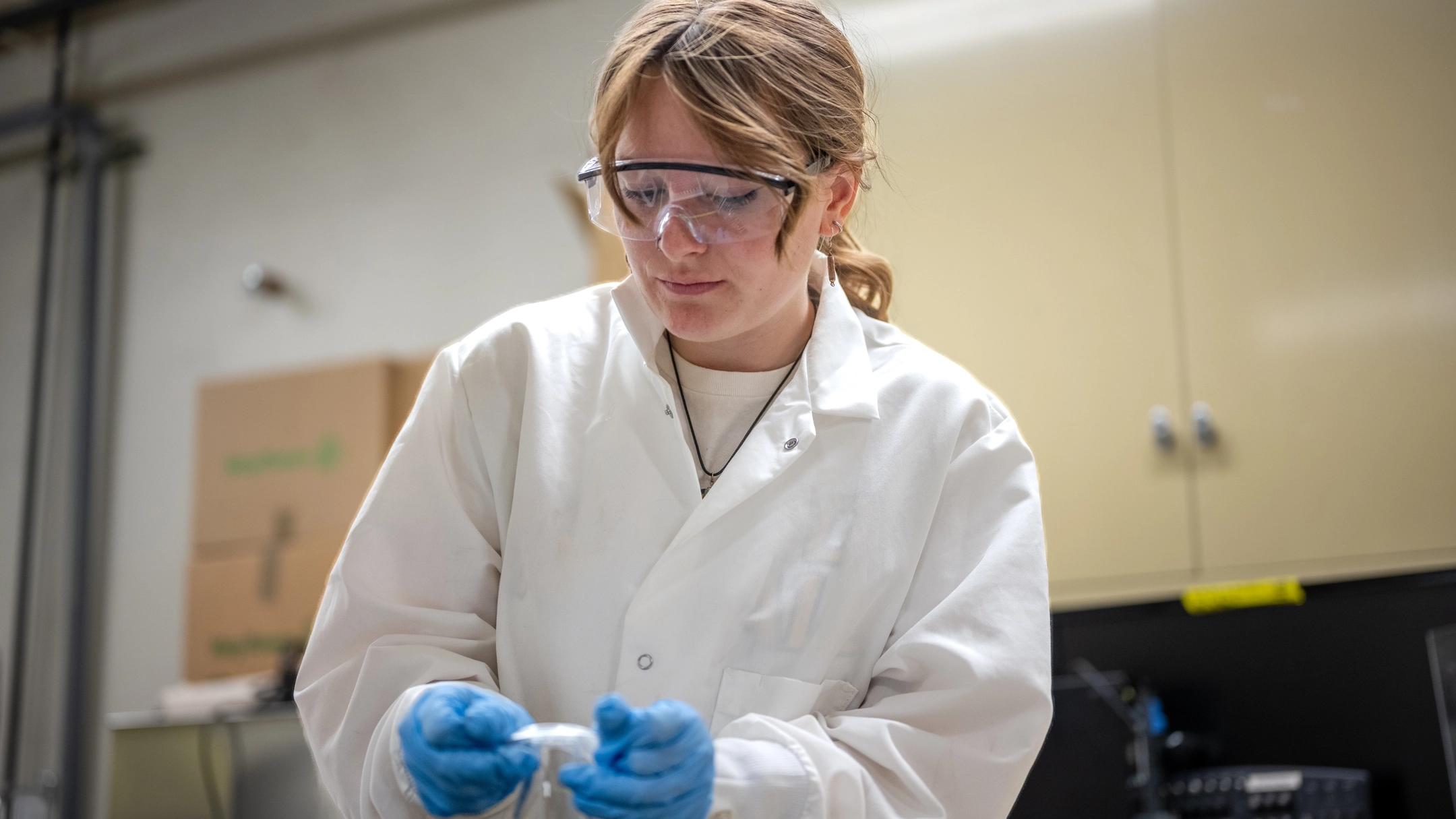 Researcher and student Madi Gilstner is building gelatinous material that picks up phosphorous, a pollutant, from water and eventually hopes to recycle the phosphorous as part of a greater project in the Department of Chemical Engineering.