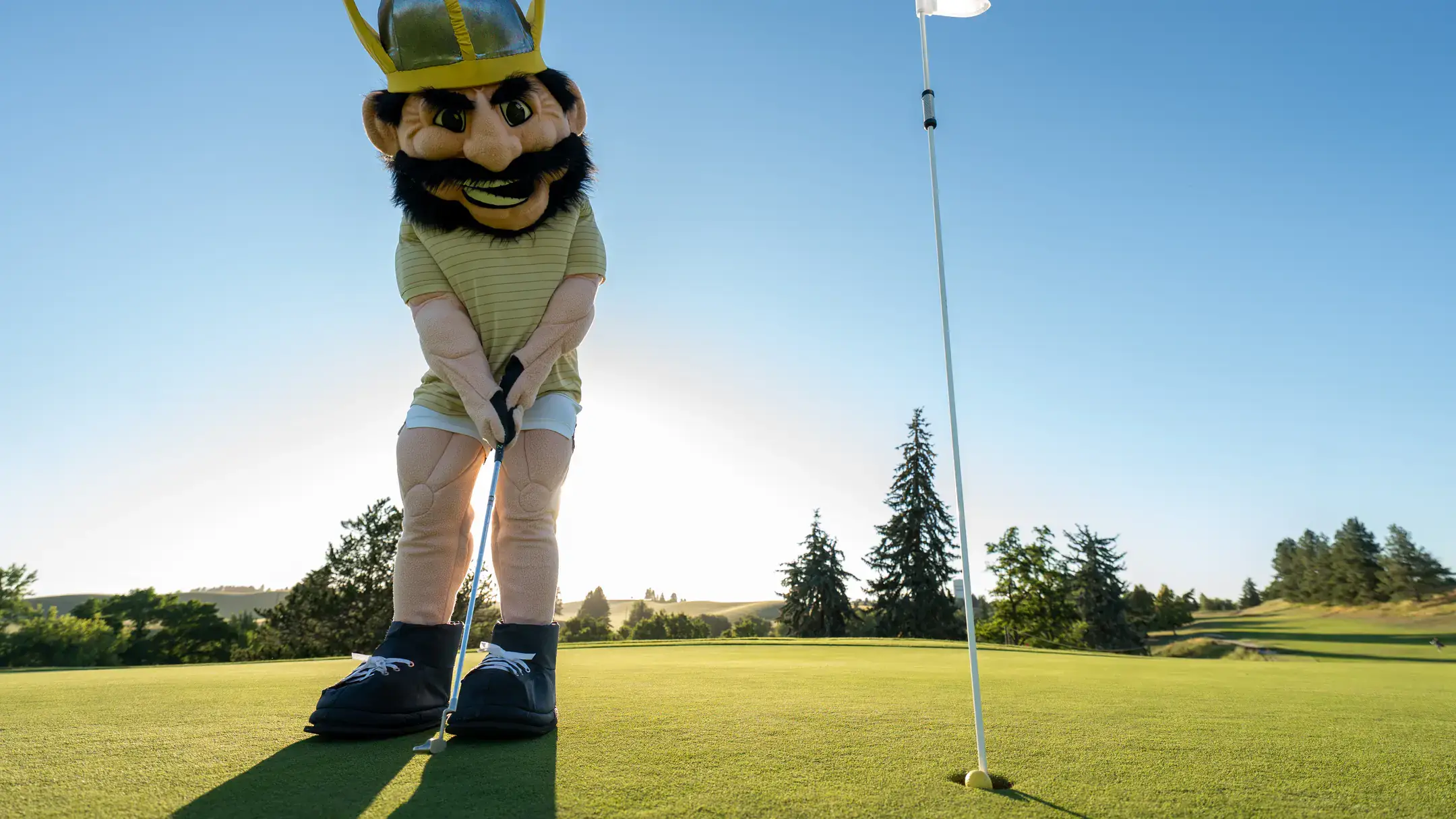 Joe Vandal mascot at the Vandal Golf Course on Wednesday, July 8, 2026 for the “Joe Can Do Anything” social media content series.