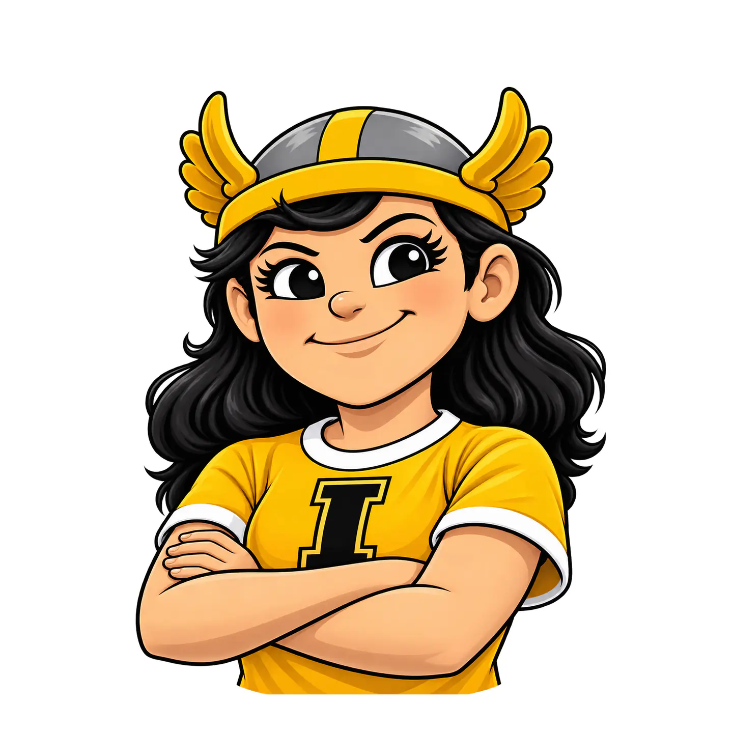Illustration of Jane Vandal, a woman with black hair wearing a UIdaho t-shirt and Vandal helmet