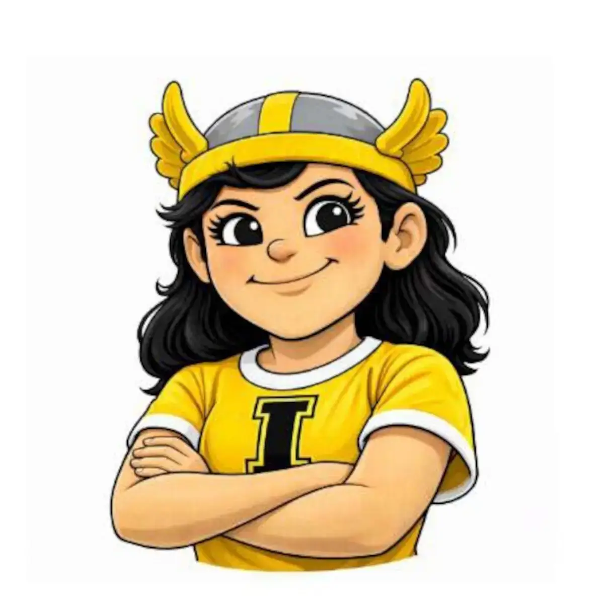 Illustration of Jane Vandal, a woman with black hair wearing a UIdaho t-shirt and Vandal helmet