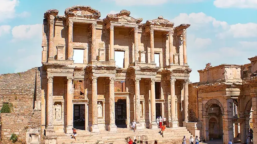 Ancient Roman ruins of the facade at the Library of Celsus in Turkey