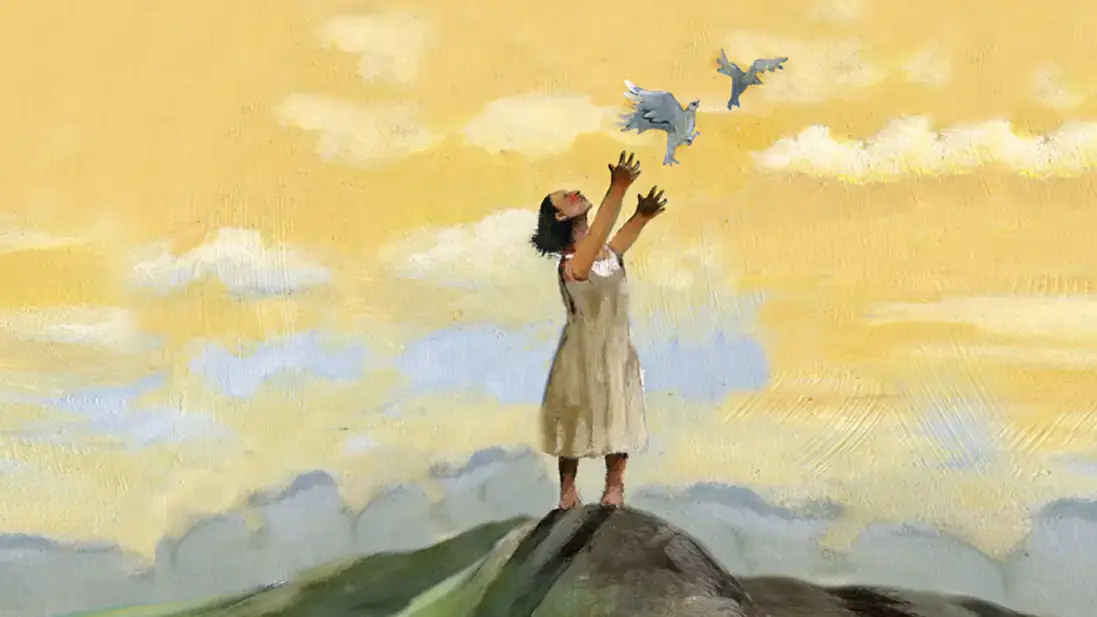 Illustration of a woman standing on a hill and releasing two doves into a golden, cloud-filled sky. 