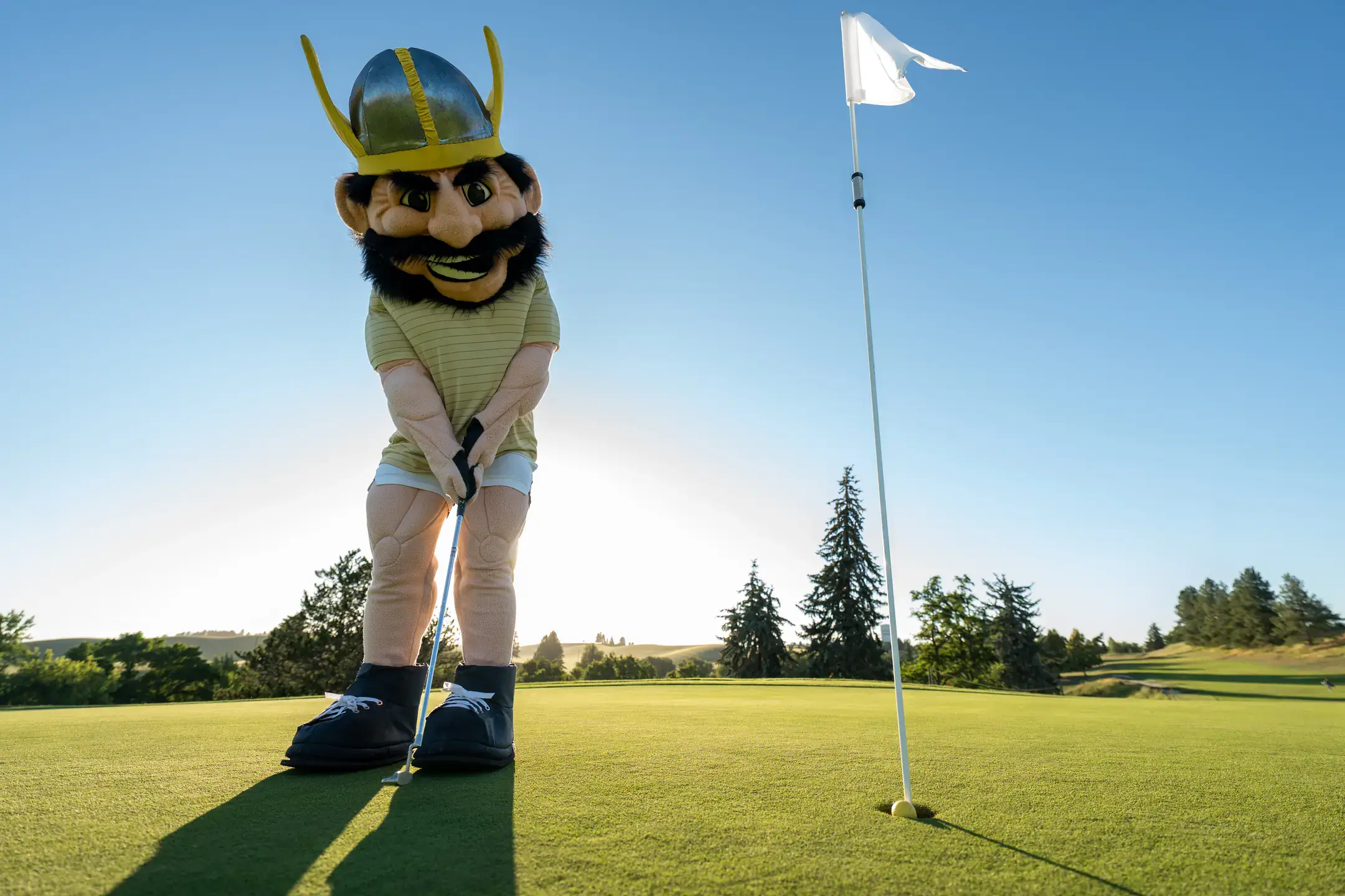 Joe Vandal mascot at the Vandal Golf Course on Wednesday, July 8, 2026 for the “Joe Can Do Anything” social media content series.