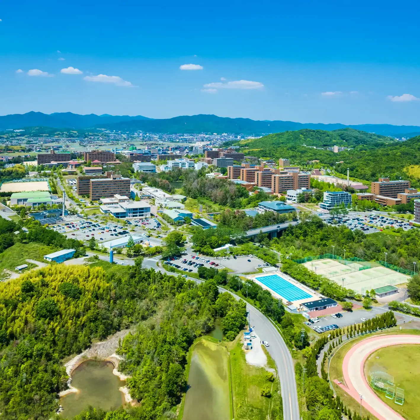 Aerial view of university campus.