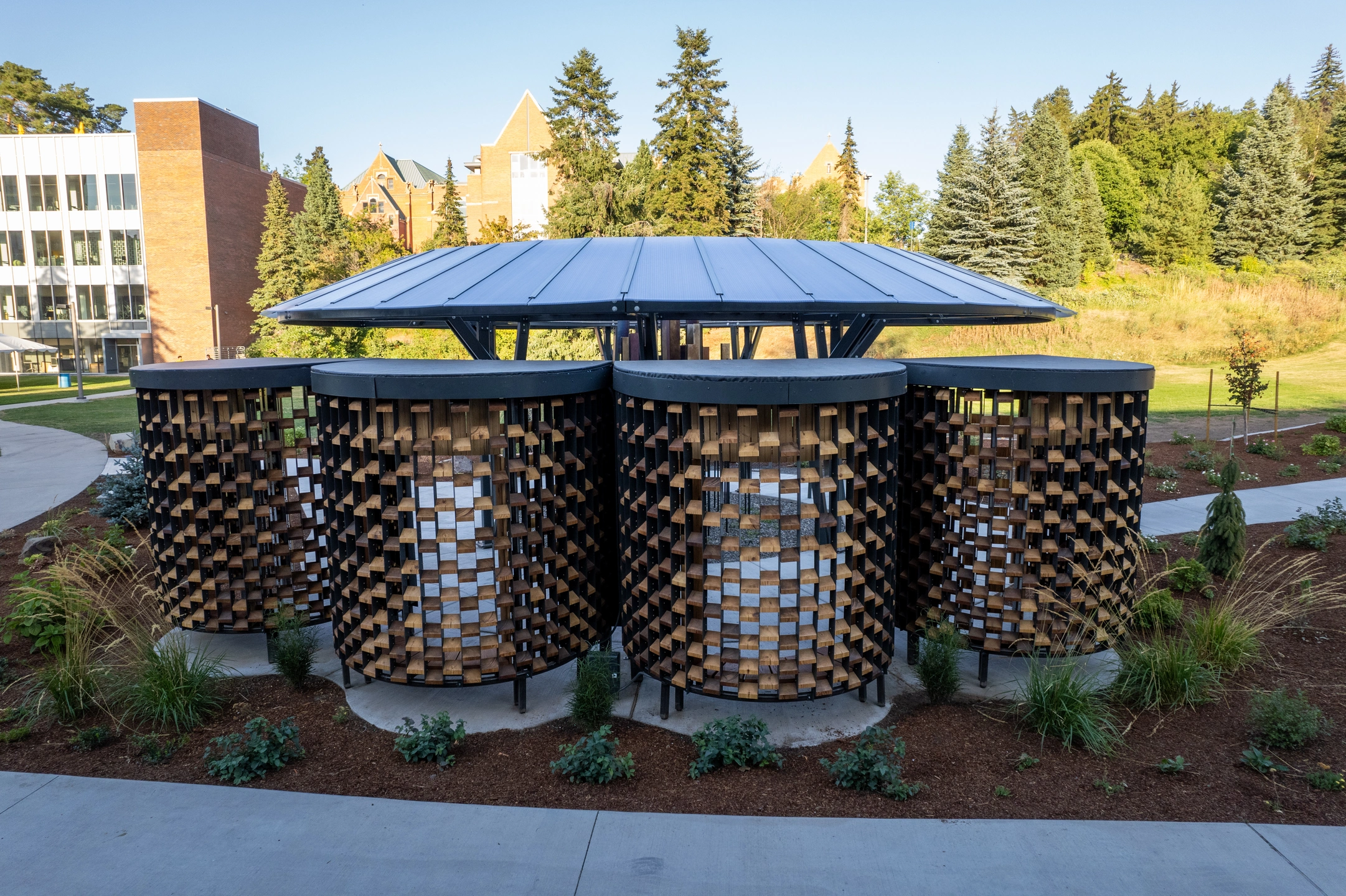 Drone photography of the Vandal Healing Garden construction on the University of Idaho Campus.
