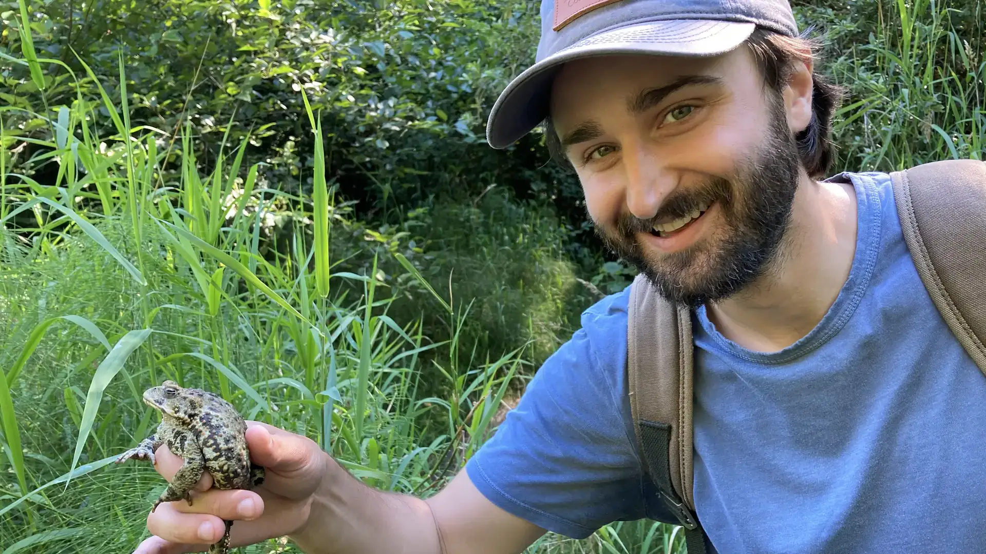 Bearded man smiles while holding a toad.