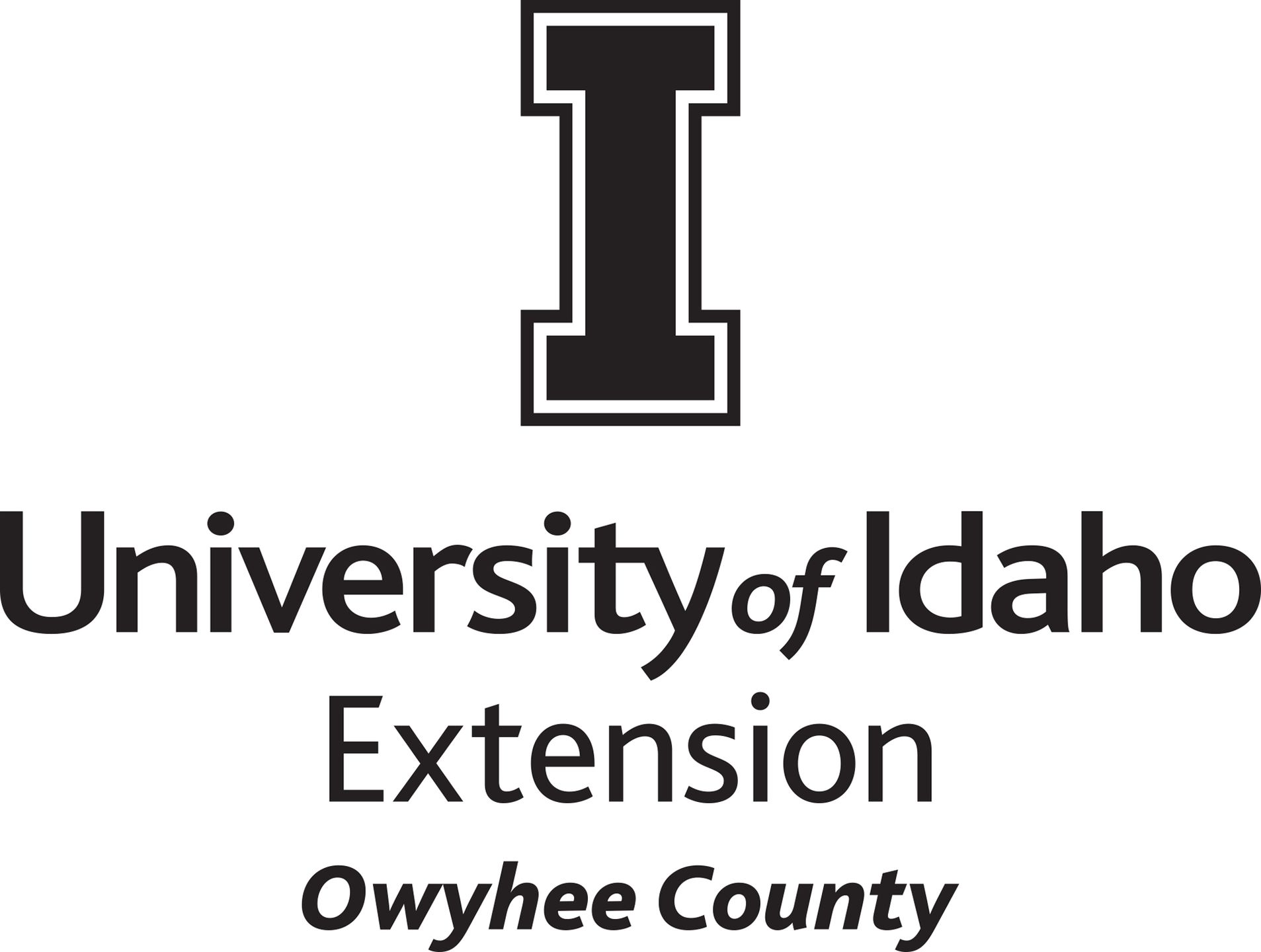 Stacked University of Idaho Extension Owyhee County logo in all black - JPG file, all black color, RGB mode. Please select original file when downloading. For assistance, email: medialibrary@uidaho.edu