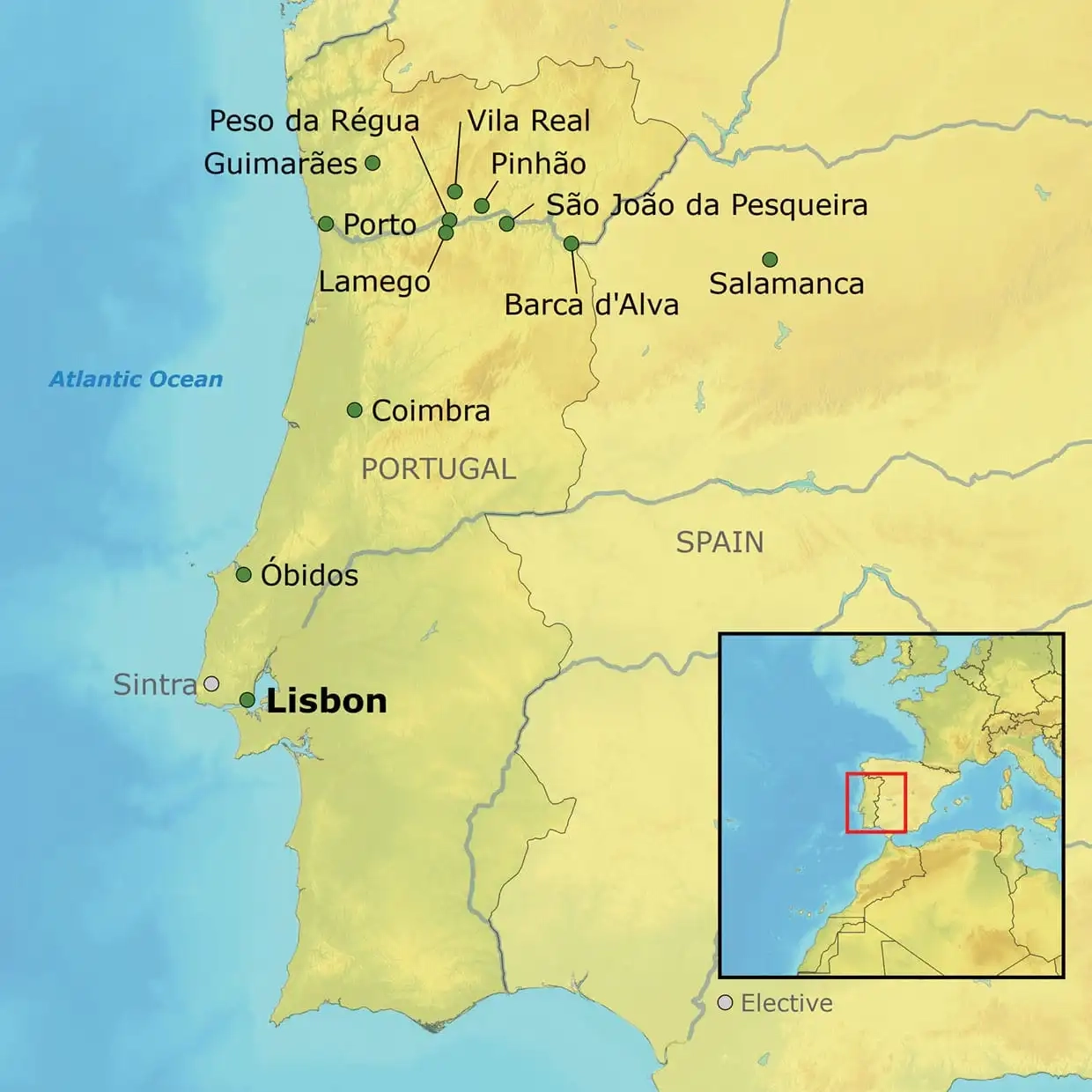 A map of Portugal with coastal cities marked.