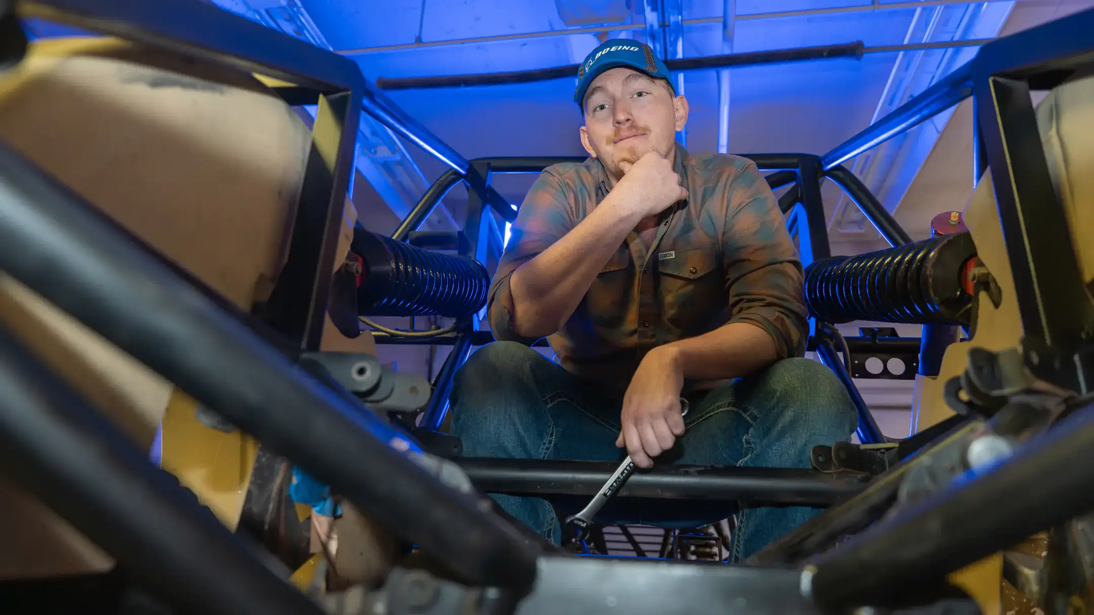 Cody Conger, a Marine Corps veteran studying Mechanical Engineering and Aerospace, is pictured at the Gauss-Johnson Engineering Laboratory on Thursday, April 16, 2026. As a student, the former helicopter mechanic has been involved with the Veteran's Club, the Electric Off-Road Vehicle Team, and also helped start and lead the Vandal American Institute of Aeronautics and Astronautics (AIAA) design/build/fly team. Upon graduation, Conger has accepted a job with Boeing.