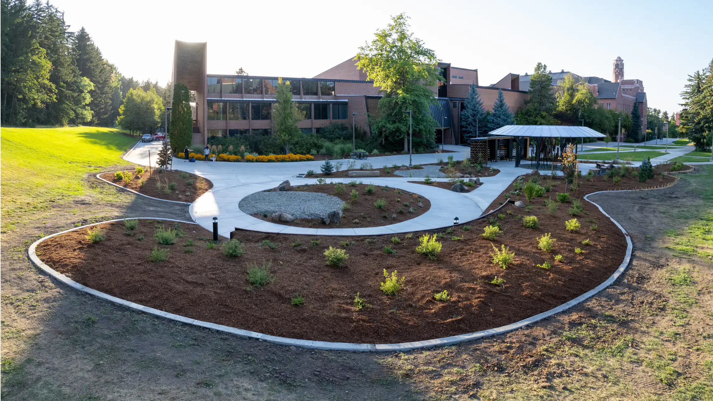 Drone photography of the Vandal Healing Garden construction on the University of Idaho Campus.