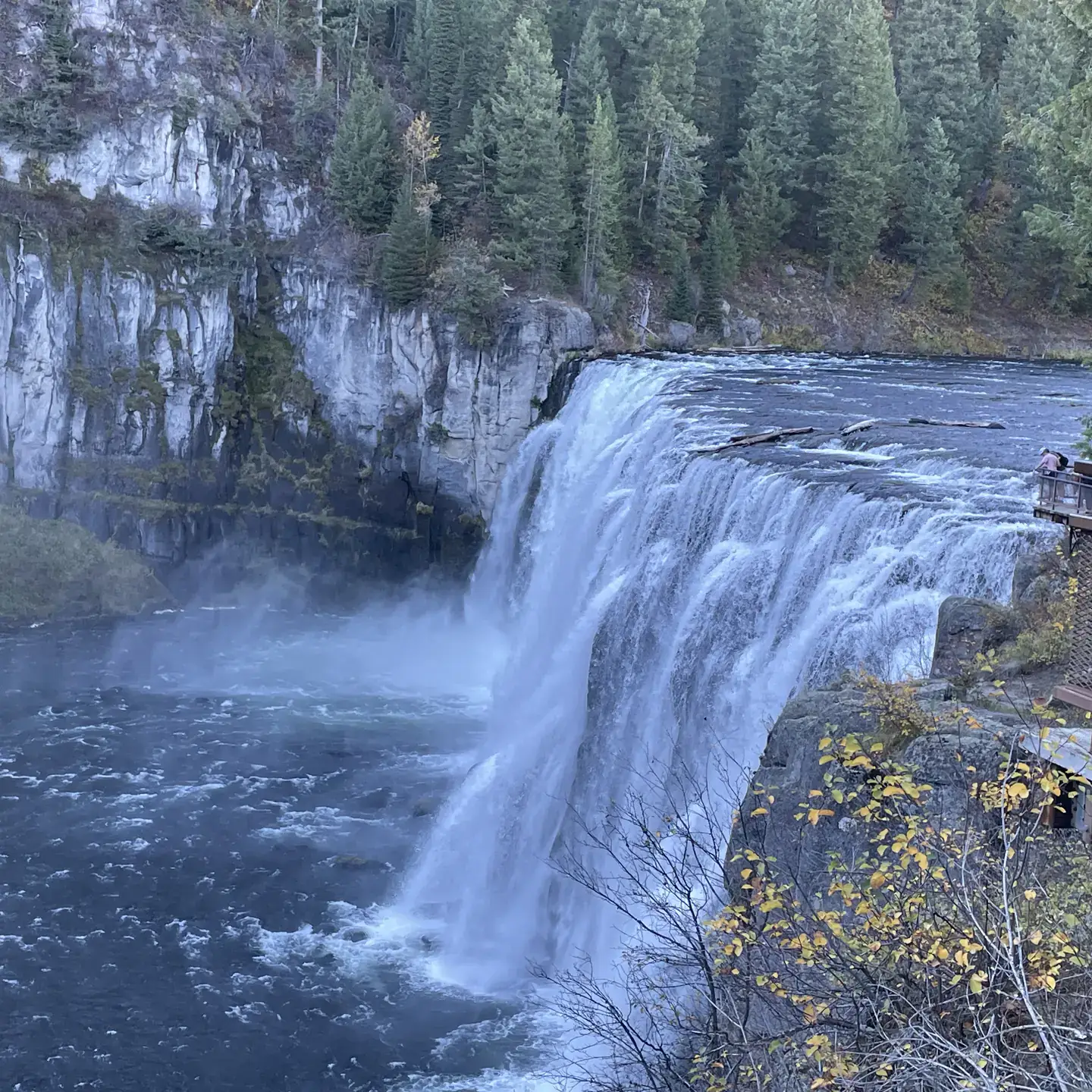 A large waterfall and portrait of Robert Mahler