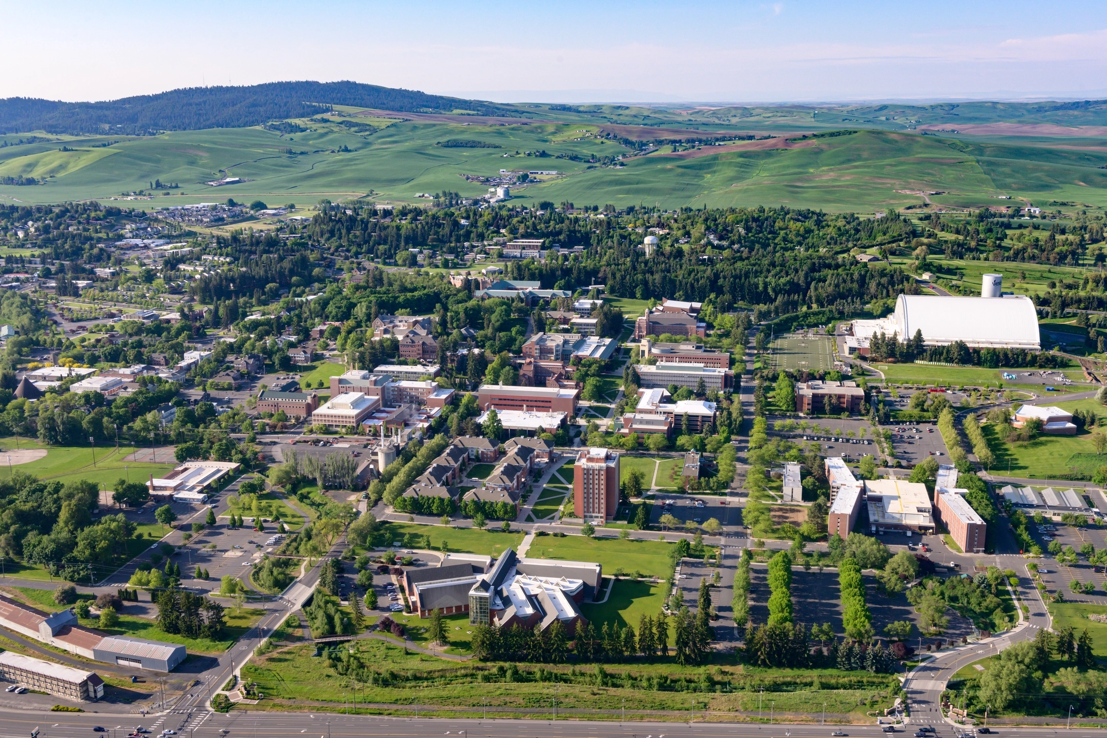 Aerials over town Moscow and campus University of Idaho spring 2019
