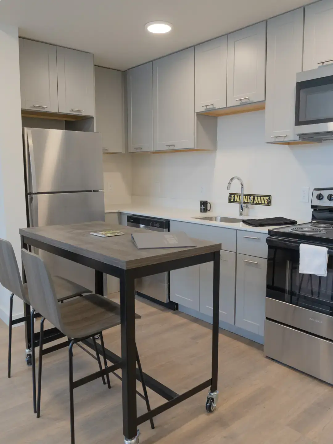 A modern style kitchen inside an apartment.