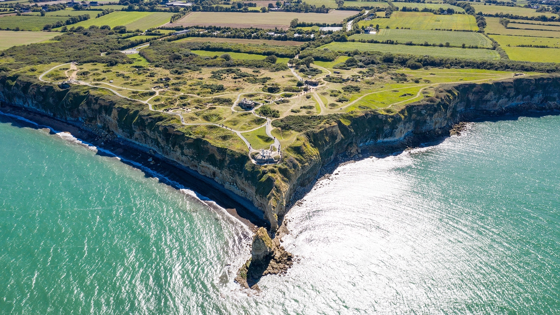 Aerial view of Pointe du Hoc on the coast of Normandy.