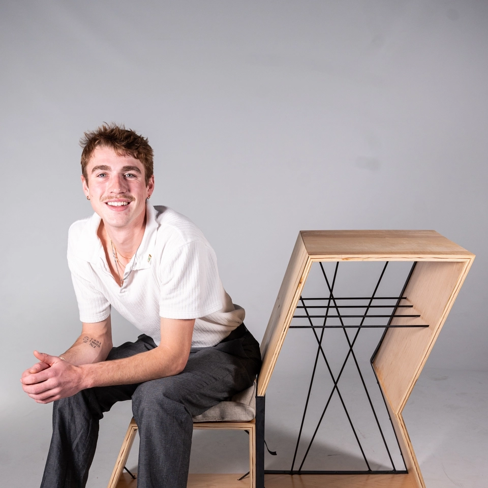 IAD332 (Furniture Design and Construction) cohort students and their final furniture projects are photographed Wednesday, April 23, 2025.
