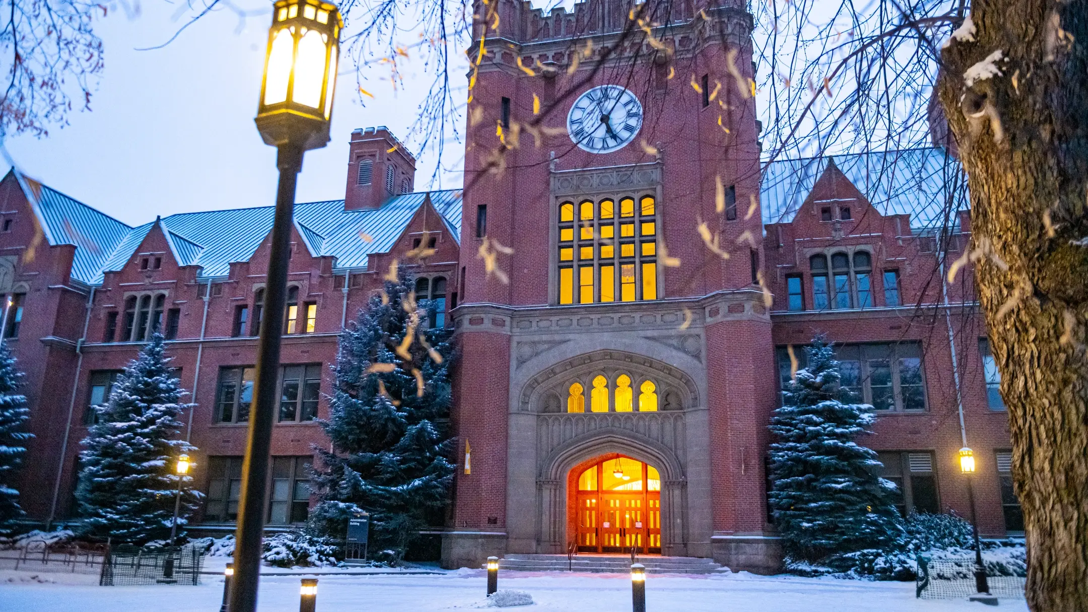 A building at dusk in winter.