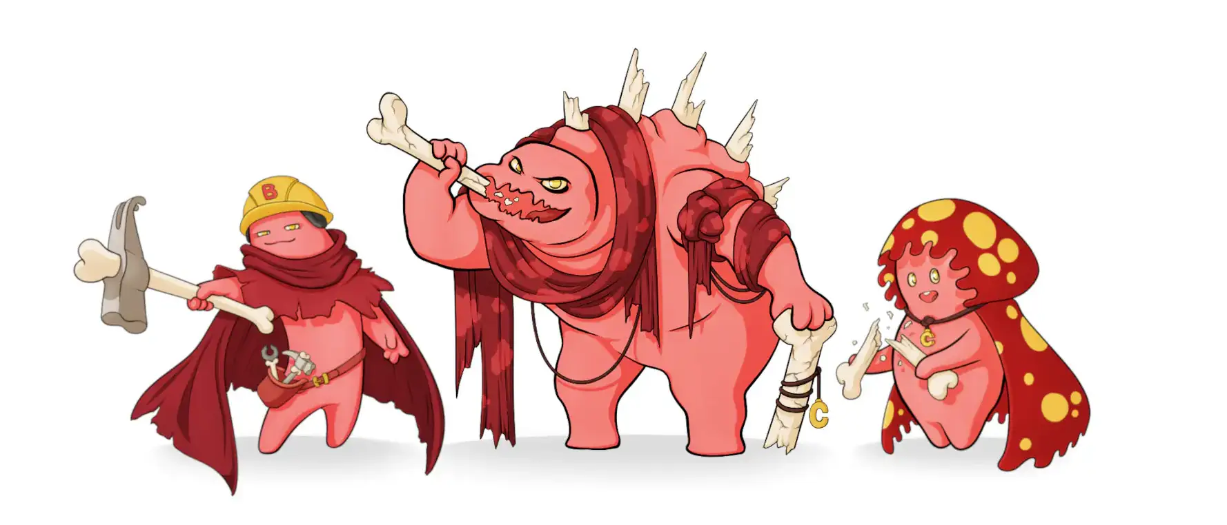 Tyler Bland's game art for medical education featuring character designs based on osteoblast, osteoporosis, and osteoclast. Osteoblast appears as a red cartoon human, wearing a hardhat with a “B,” a red, torn cape, and a tool belt, holds out a bone hammer.  Osteoporosis appears as a ed cartoon monster, wearing splotchy red wrappings and sporting spikes made from broken bones, eats half a bone and leans on a broken bone walking stick with a “C.”  Osteoclast appears as a red cartoon baby, wearing a “C” necklace and a frilled, red and yellow cape, breaks a bone.