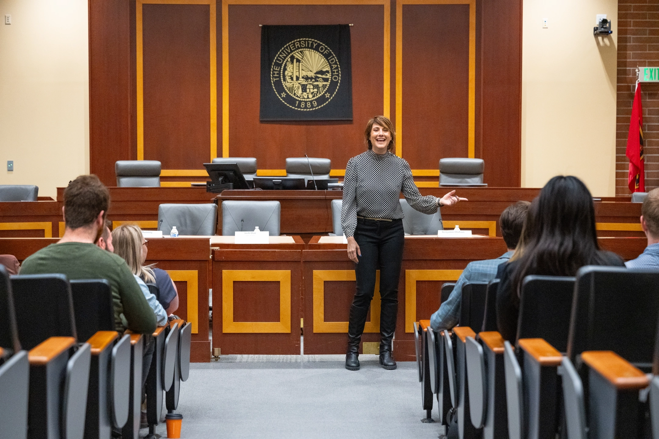 Ӱֱ College of Law Moscow Admitted Student Day welcome and presentation in the law courtroom.