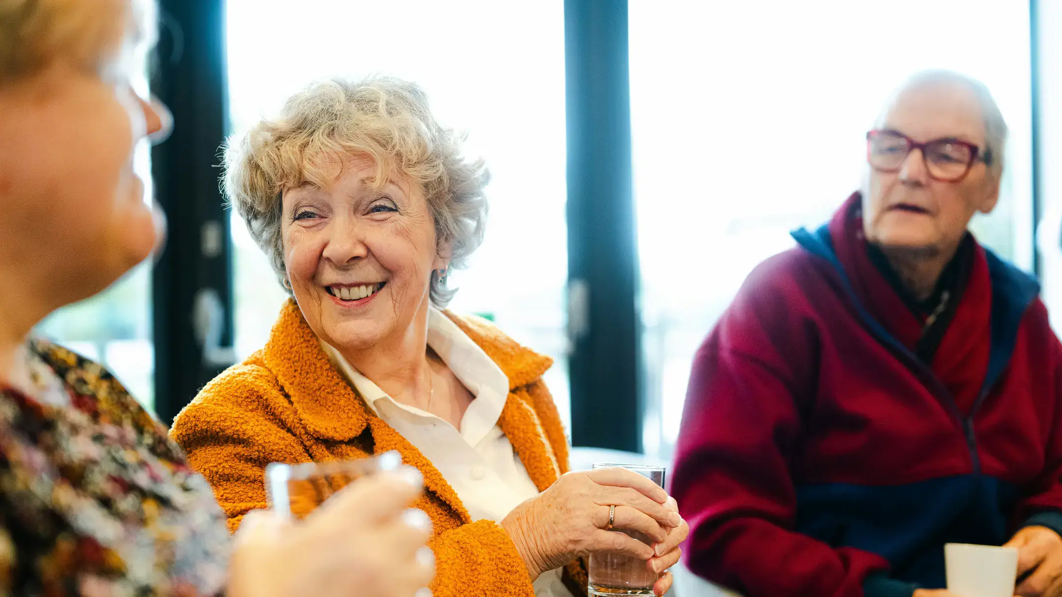Three senior citizens enjoying each others company