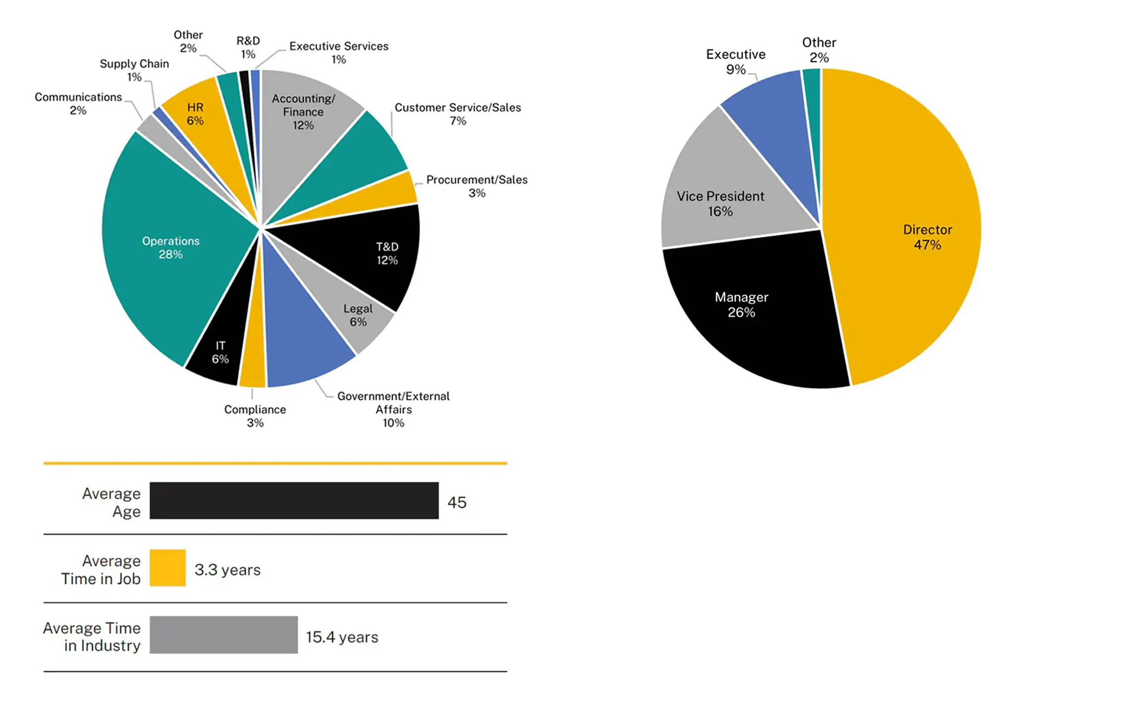 The image on the left of the page is the three-year average (2023 - 2025) of Energy Executive Course participants professional domains (job function area). The image on the right side of the page is the three-year average (2023 - 2025) of Energy Executive Course participant's job titles. The image at the bottom shows the three-year average (2023 - 2025) of Energy Executive Course participant's age, time in job, and time in industry.