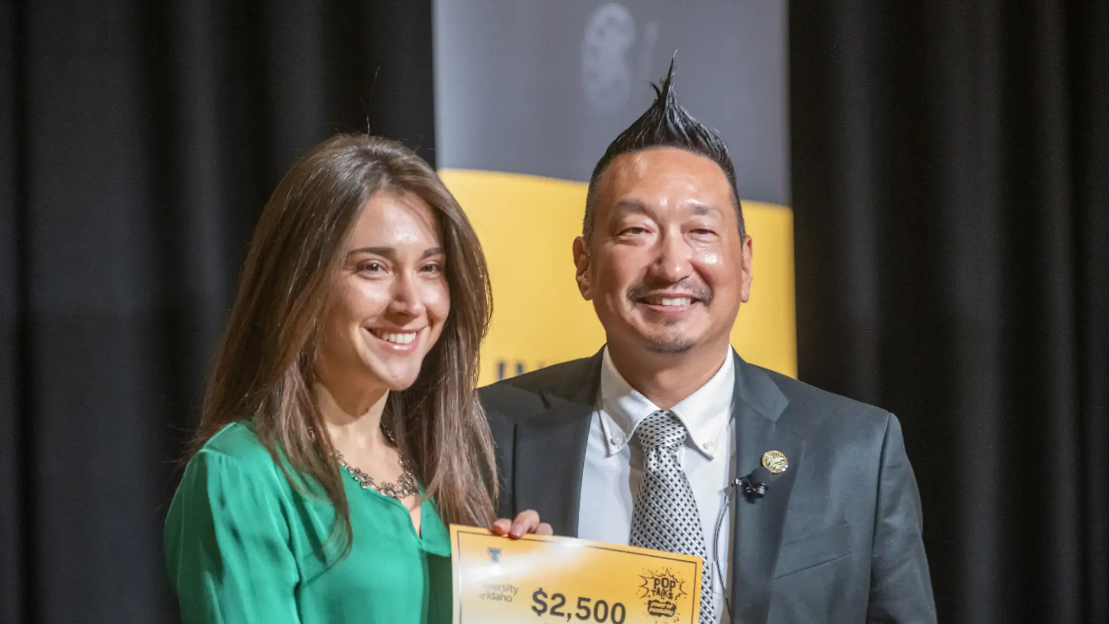 Assistant Professor Simona Picardi (left) and Christopher Nomura, Vice President for Research and Economic Development, during POP Talks (Power of Possibility Talks) in the International Ballroom at the Bruce M. Pitman Center on Thursday, October 23, 2025. 