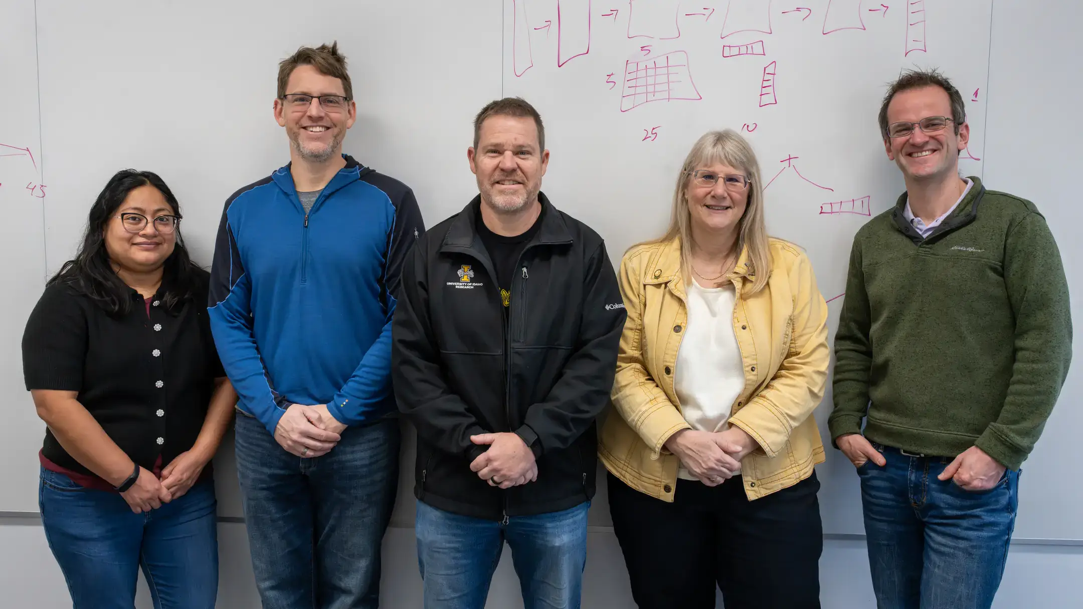 Five scientists pose in front of a dry-erase board.