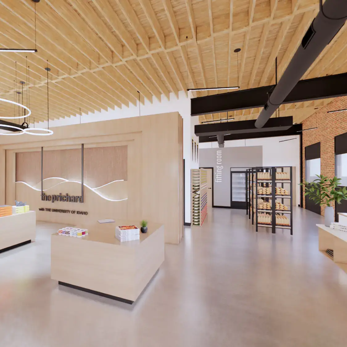 Modern gift shop with wooden decor, shelving for products, and a fitting room in the background.