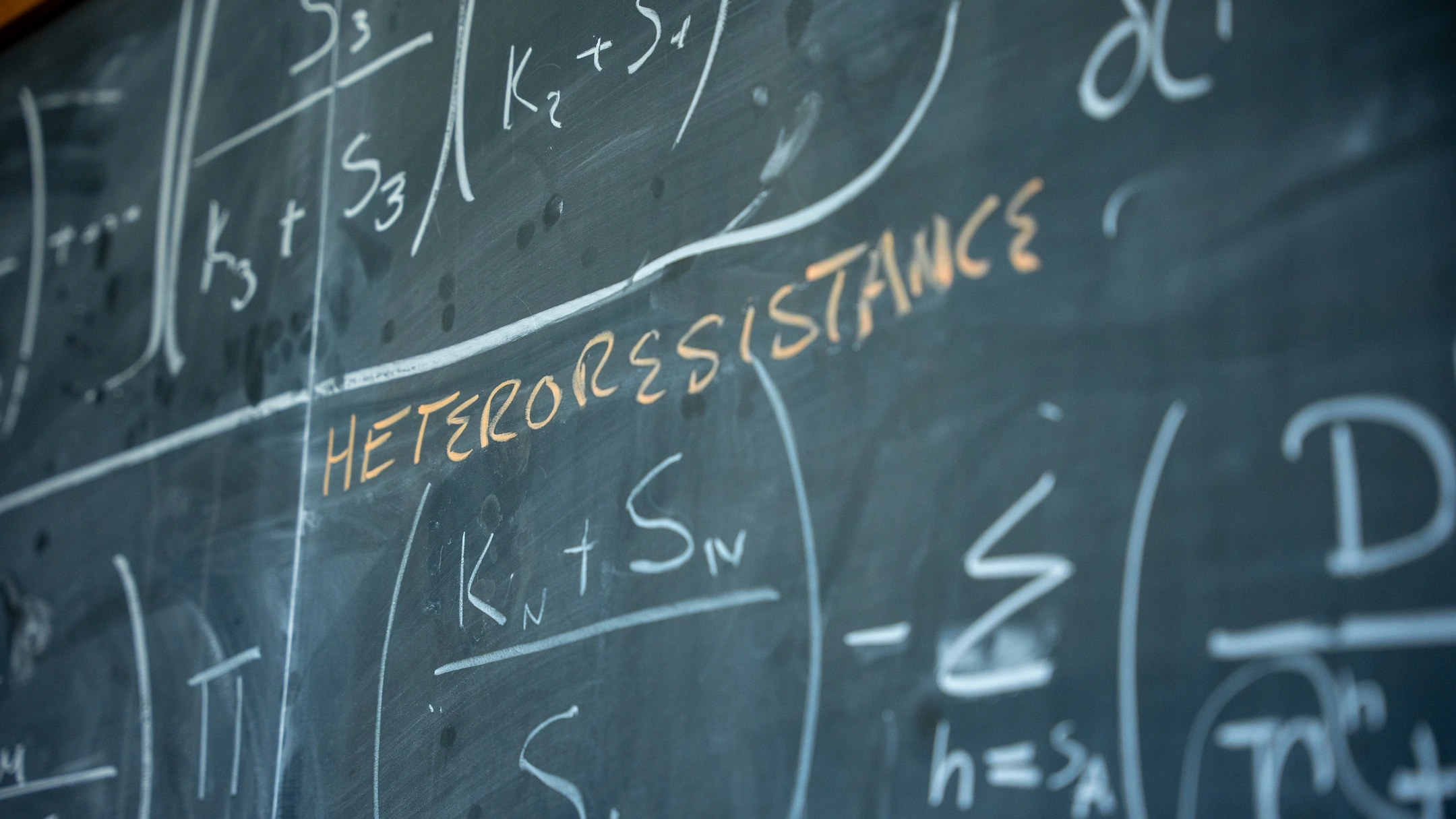 Man wearing glasses and blue shirt motions with his hand while standing in front of a mathematical formula on blackboard.