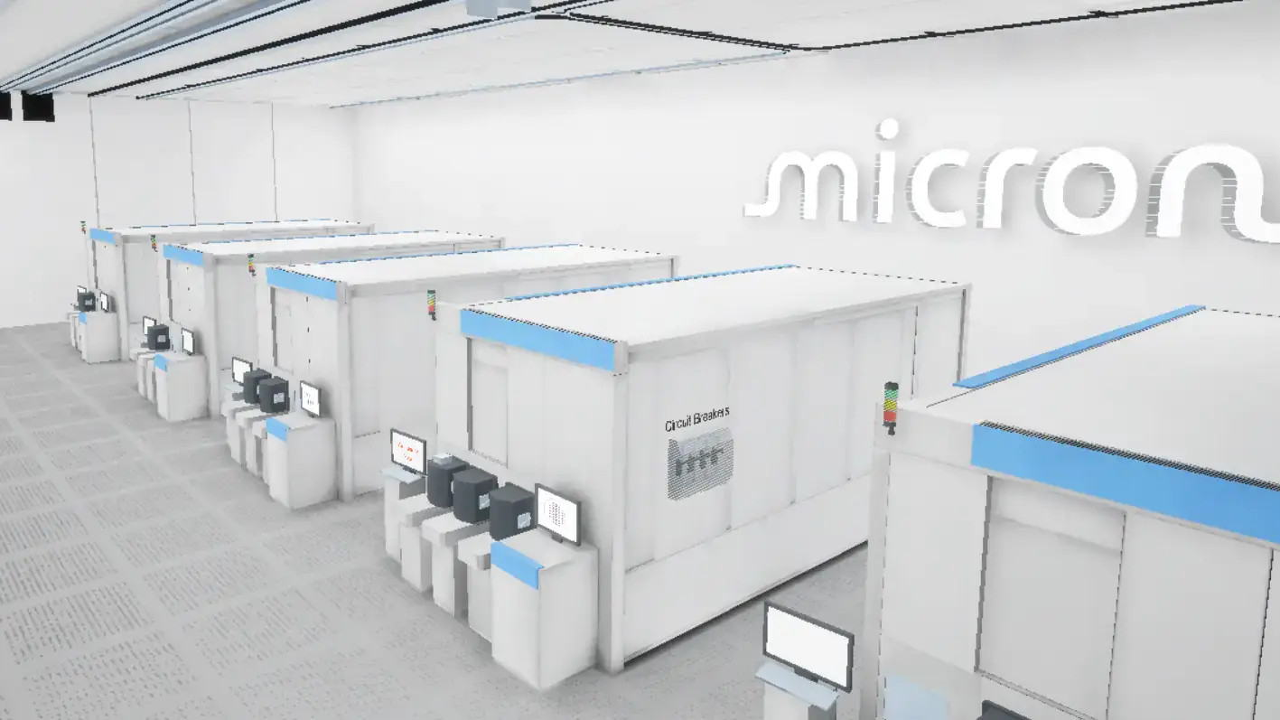 3D rendering of a cleanroom for manufacturing with white Micron logo on right hand side of wall. 