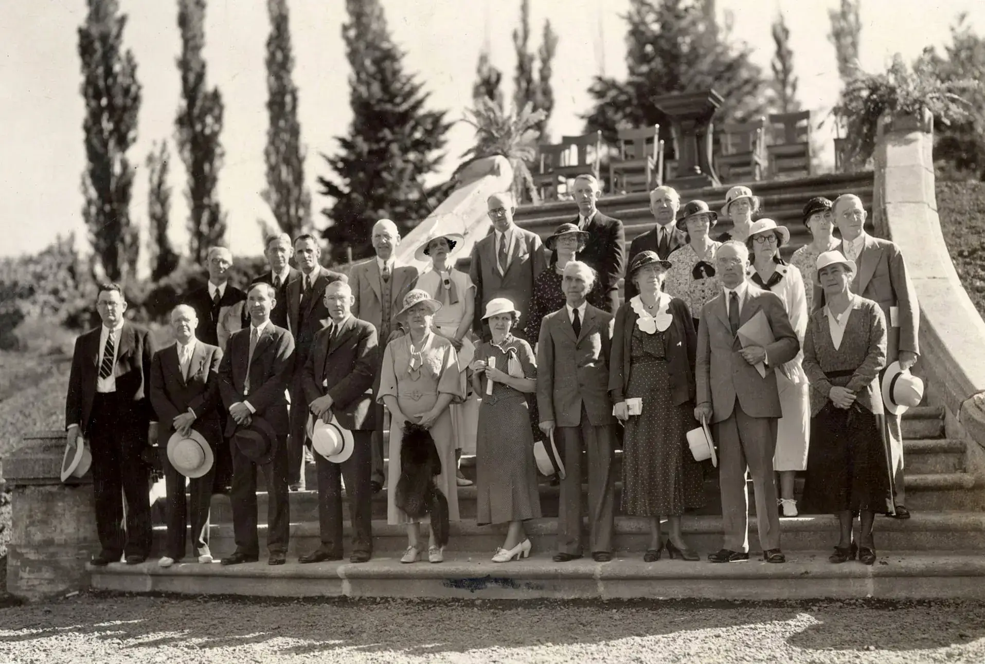 Photo from University of Idaho Special Collections and Archives: Memorial Steps being dedicated on June 1, 1934.  Campus features including the Memorial Steps salvaged from the original Administration Building, the Spanish-American War Memorial, and the I-Tank are all included in the NRHP district nomination as contributing to historical integrity. 