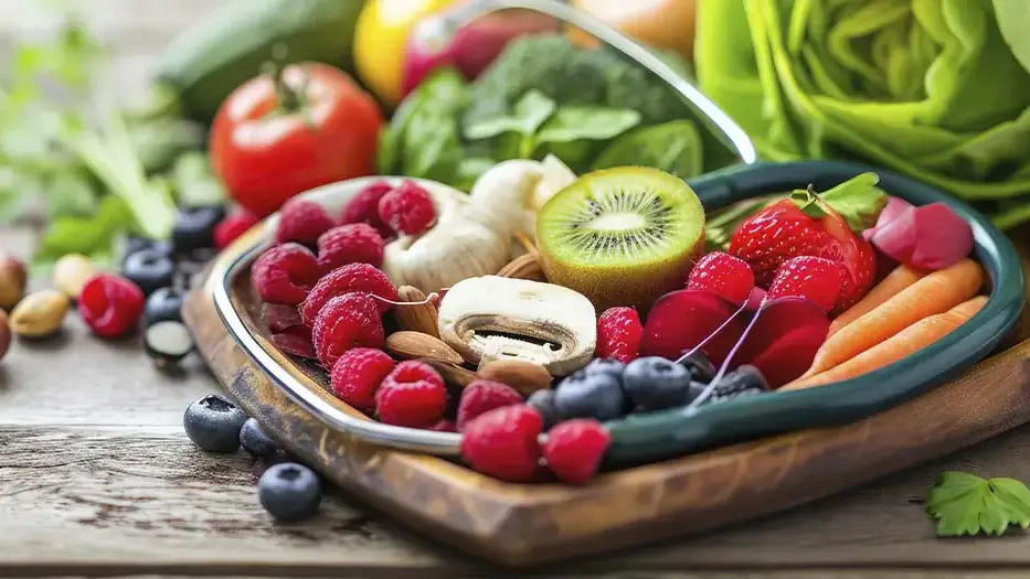 Photography-styled AI image of fruits and vegetables filling a heart-shaped charcuterie board.