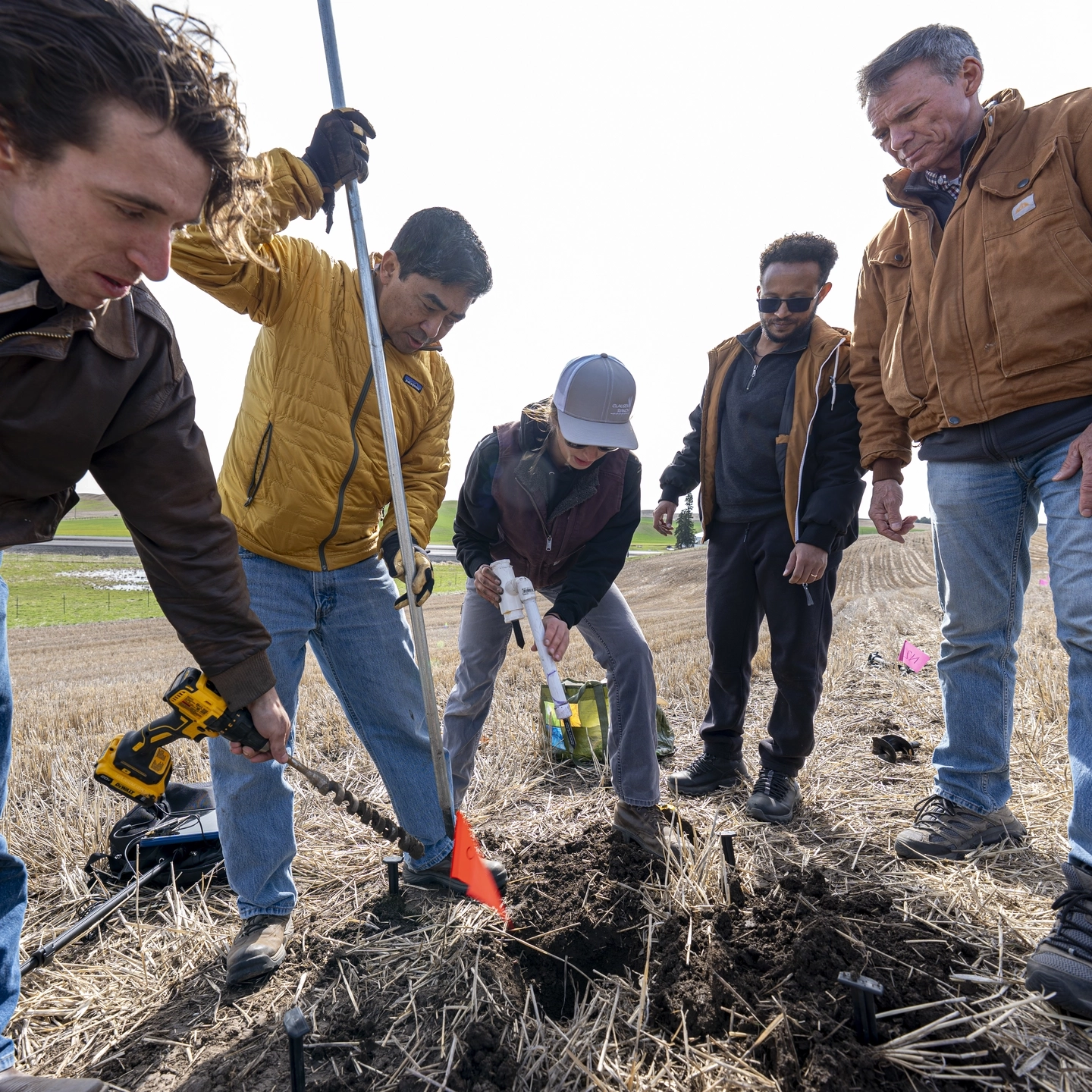 Professor Dev Shrestha, Associate Professor Russ Qualls and students do Palouse Soil Moisture Project research, as part of a 3-year study, at University of Idaho’s field research farm, Kambitsch Farm, near Genesee, ID Thursday, April 10, 2025.