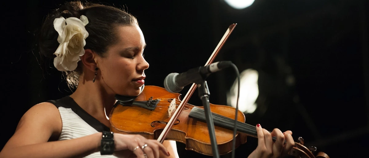 person playing a violin near microphone on stage