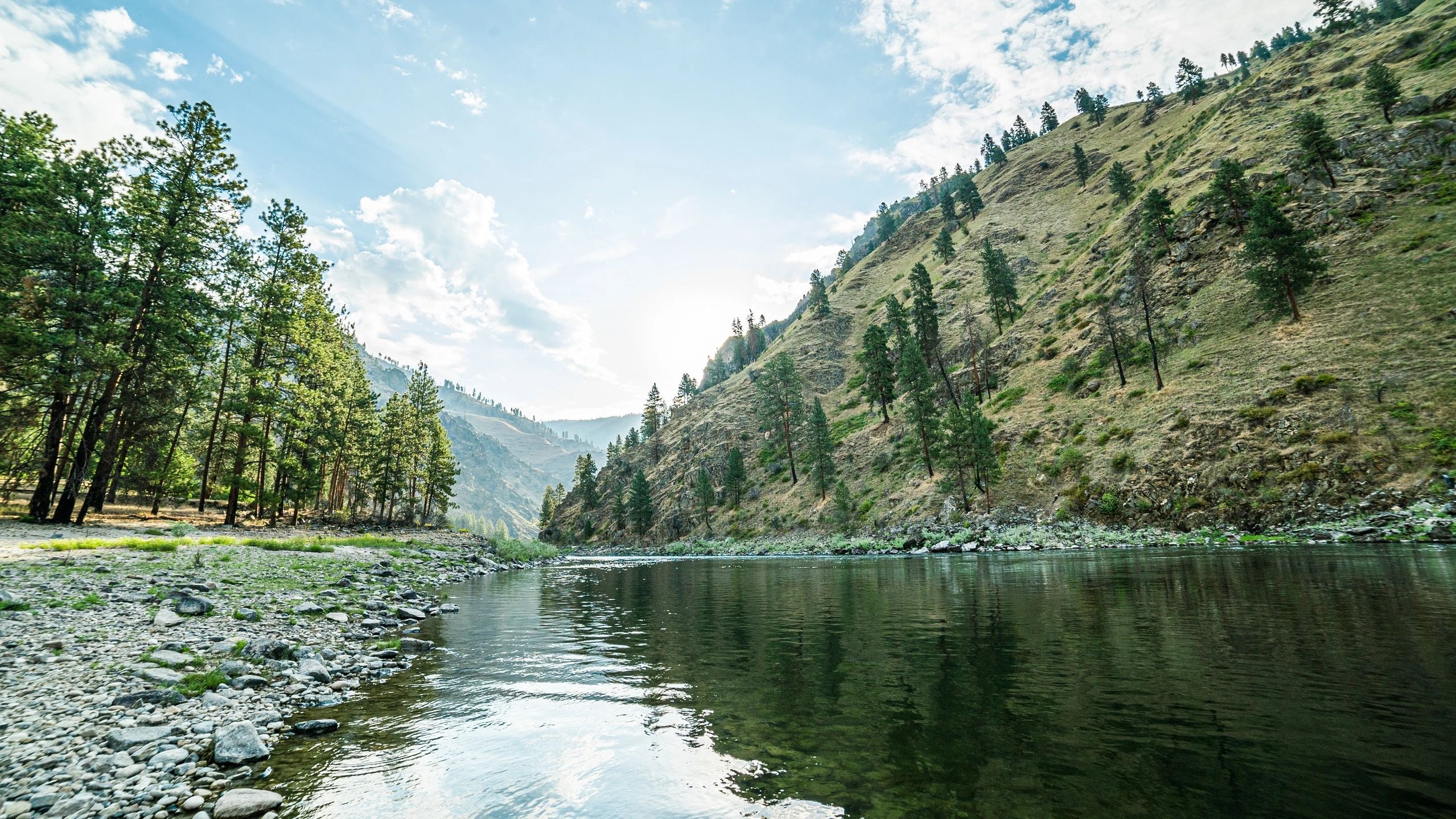 A river flows calmly through forested hills.