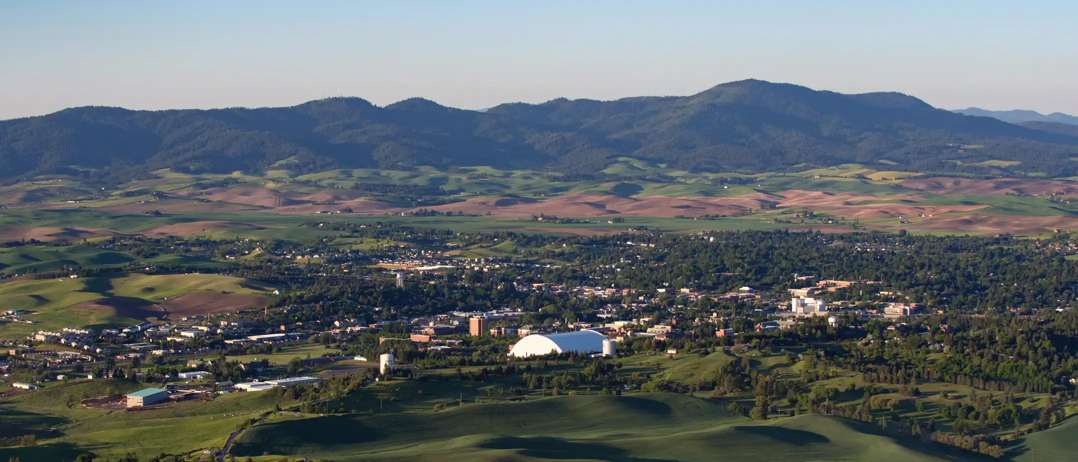 Aerial view of Moscow, Idaho, looking north at Moscow Mountain